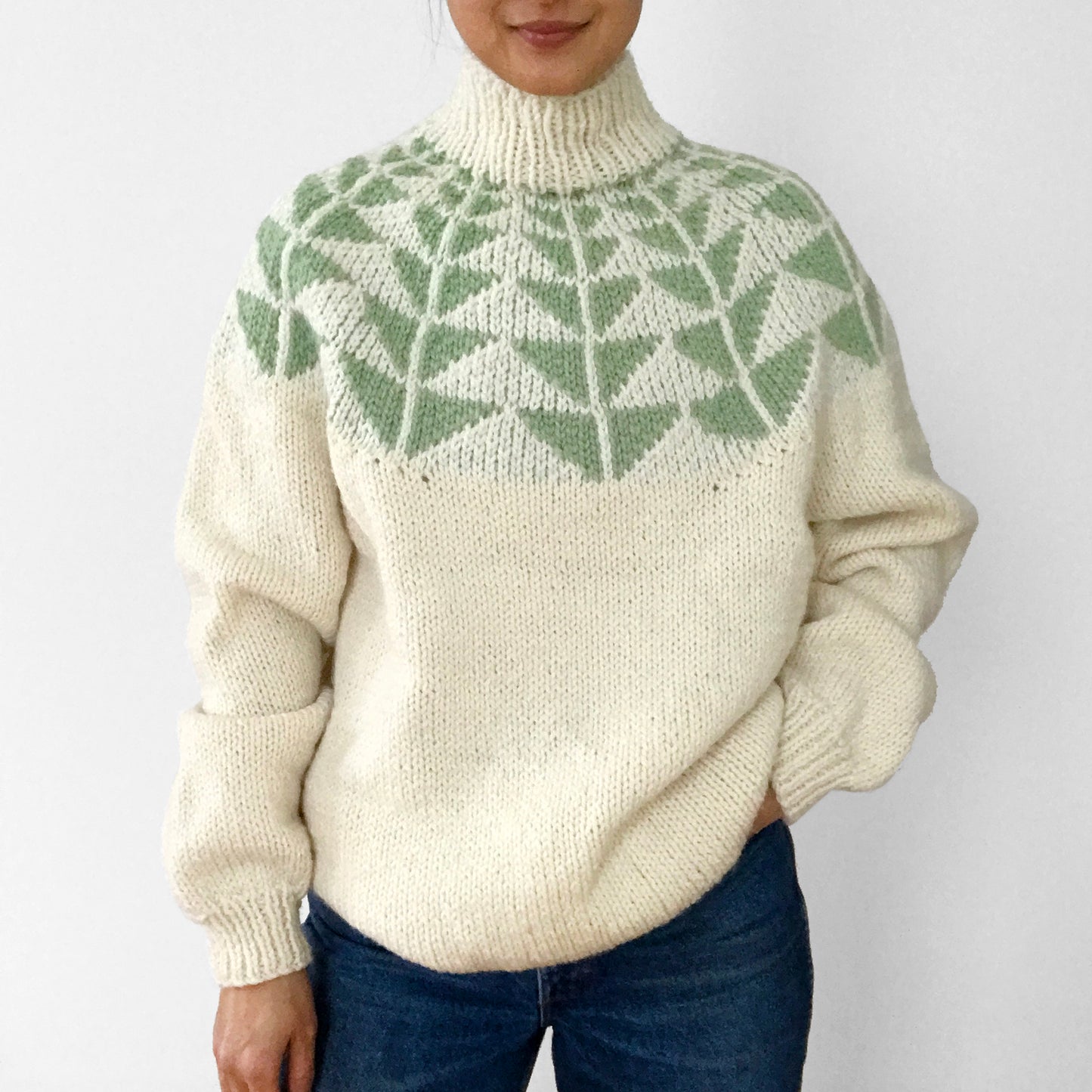 Handmade Sage and Cream Patterned Mock-Neck Sweater Sweater