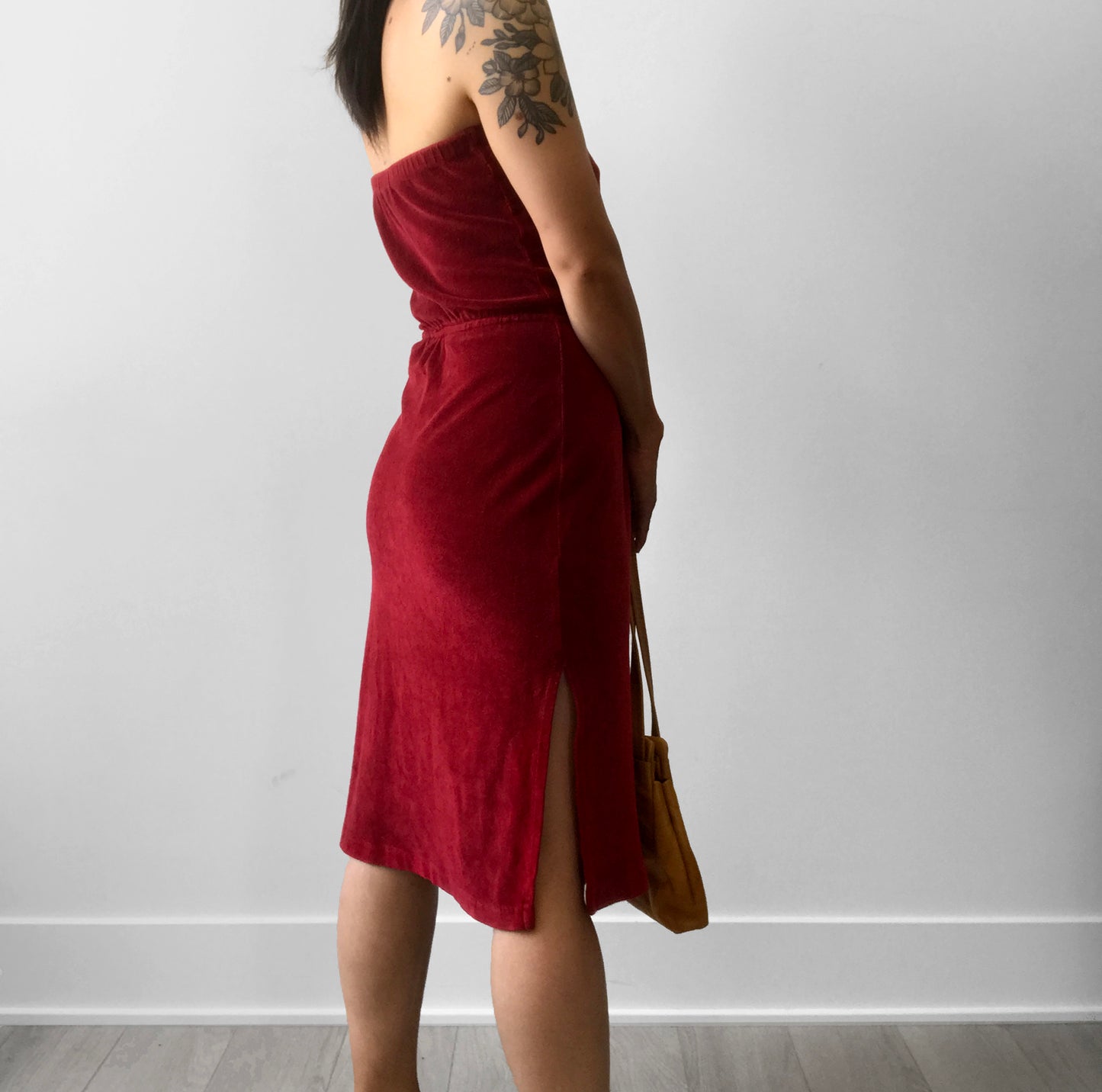 1970s Made in Canada Wine Toned Strapless Velour Dress