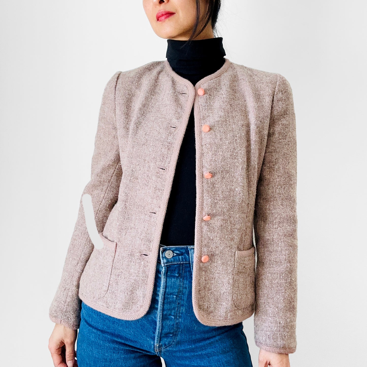 1960s - 1970s Beige Grey Oatmeal Tone Fitted Short-Waisted Trimmed Wool Blend Jacket Blazer - XS/S