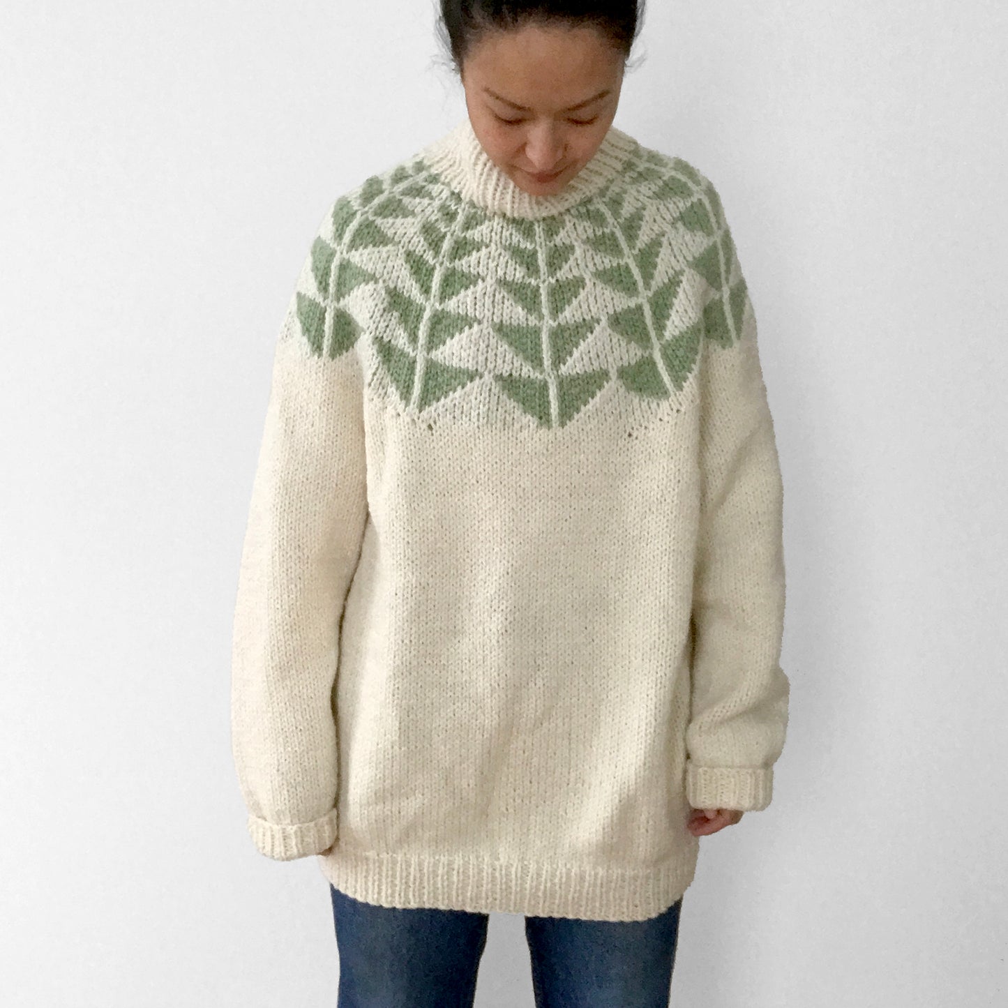 Handmade Sage and Cream Patterned Mock-Neck Sweater Sweater