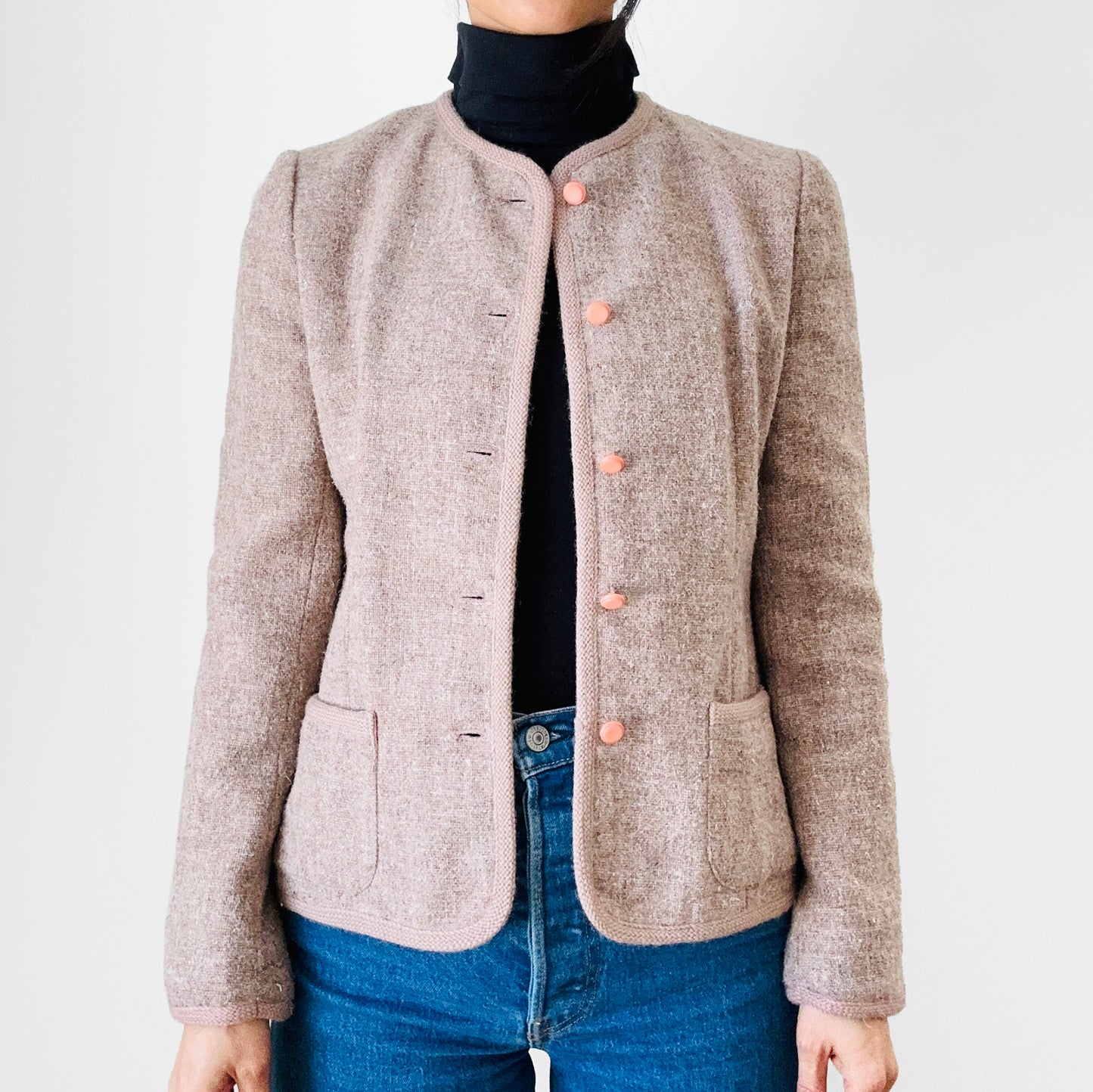 1960s - 1970s Beige Grey Oatmeal Tone Fitted Short-Waisted Trimmed Wool Blend Jacket Blazer - XS/S