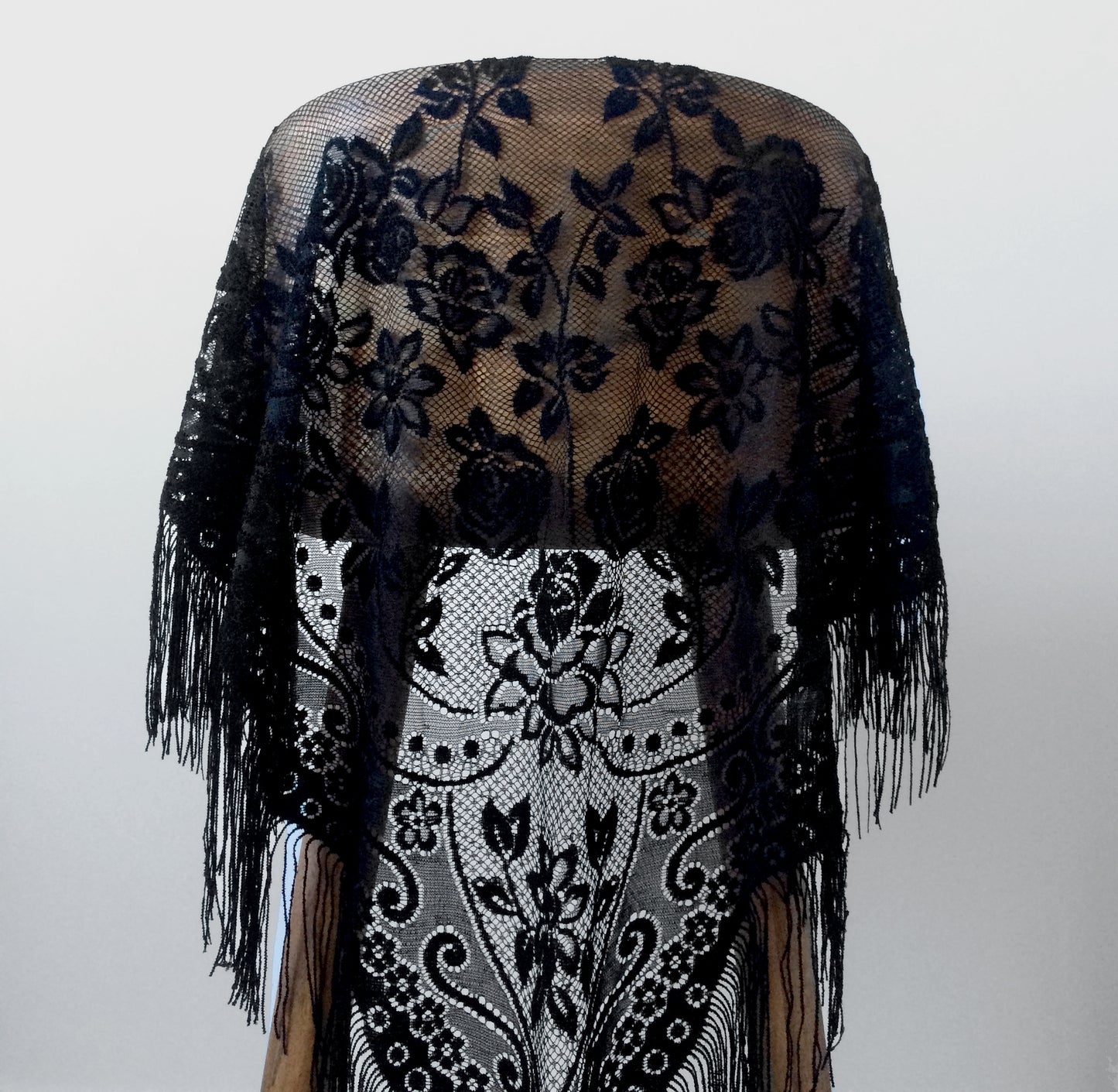 1970s Black Rose Fringe and Lace Gypsy Shawl