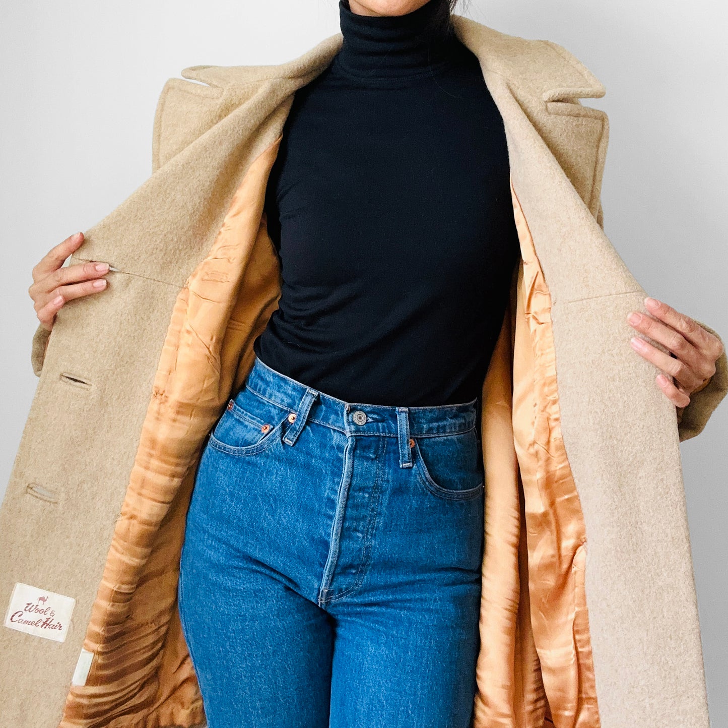 1960s Tan Camel Hair Double-Breasted Belted Wool Jacket - S/M