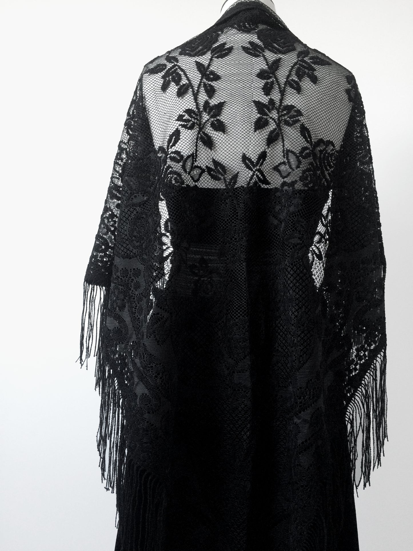 1970s Black Rose Fringe and Lace Gypsy Shawl