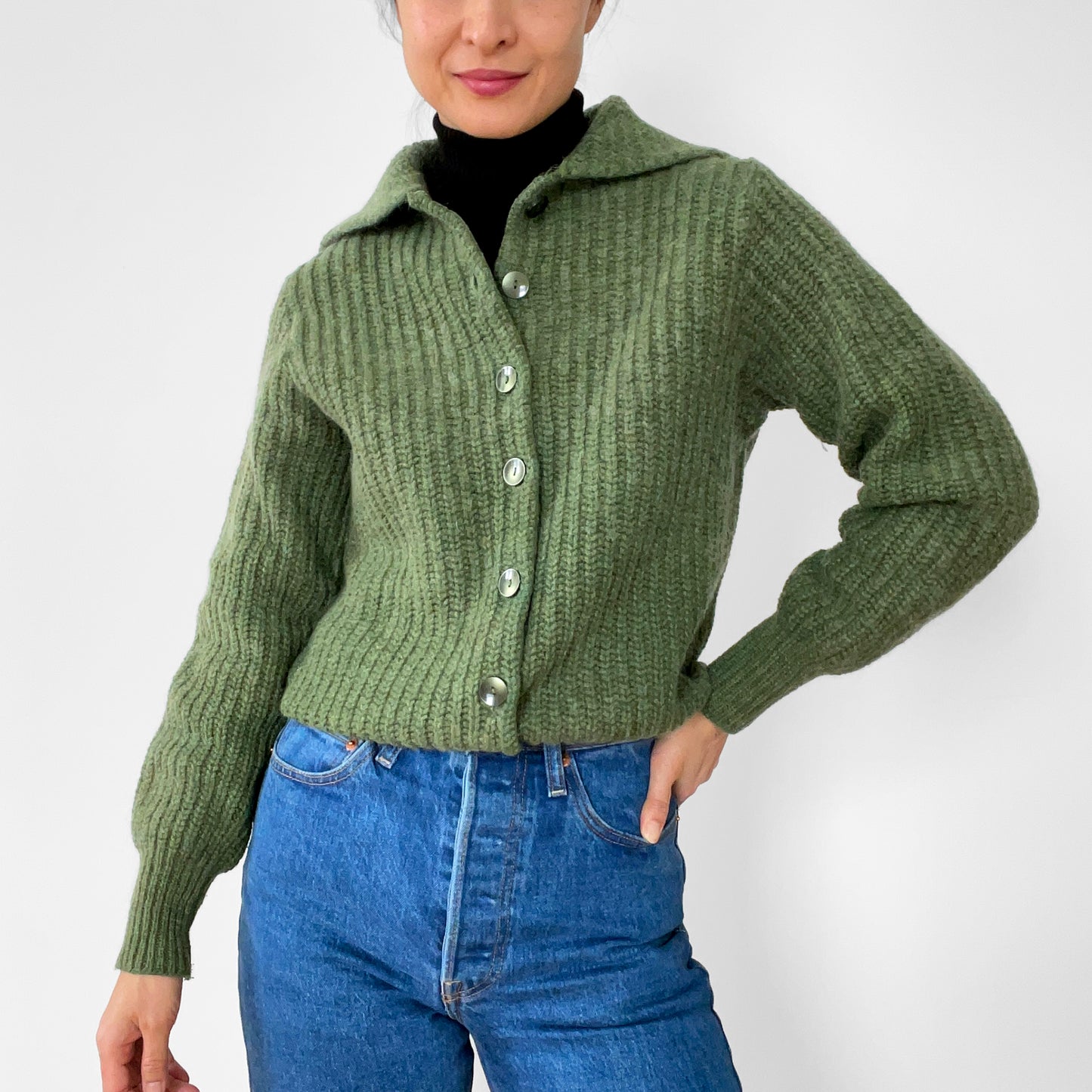 1960s Apple-Green Wool Cardigan Sweater