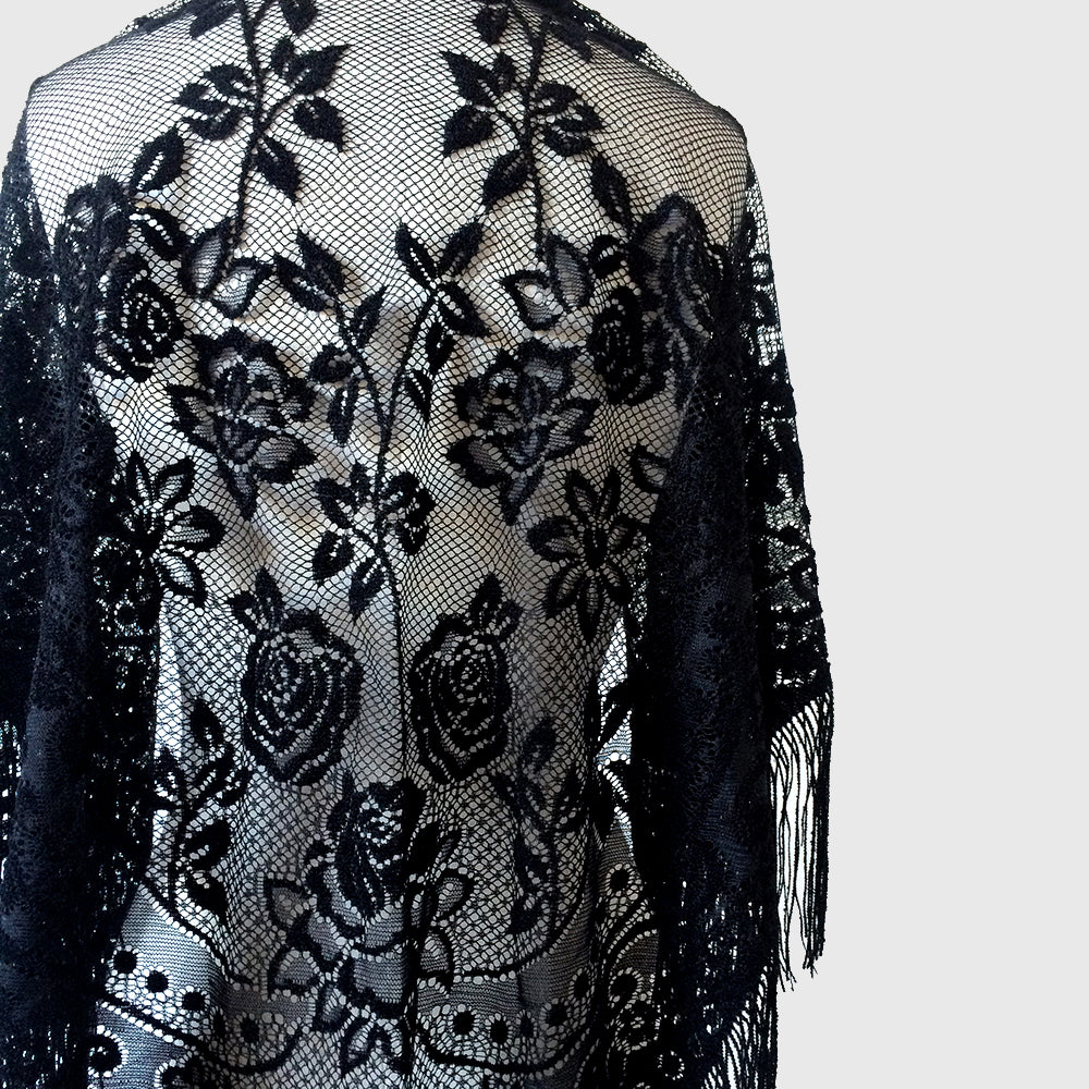 1970s Black Rose Fringe and Lace Gypsy Shawl