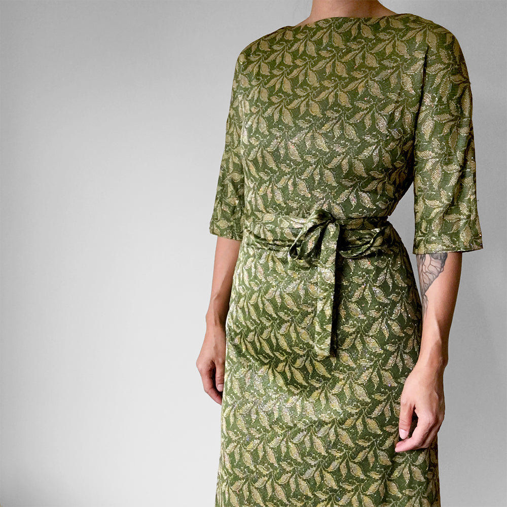 1960s Green and Gold Shimmering Leaf Patterned Midi-Length Belted Dress