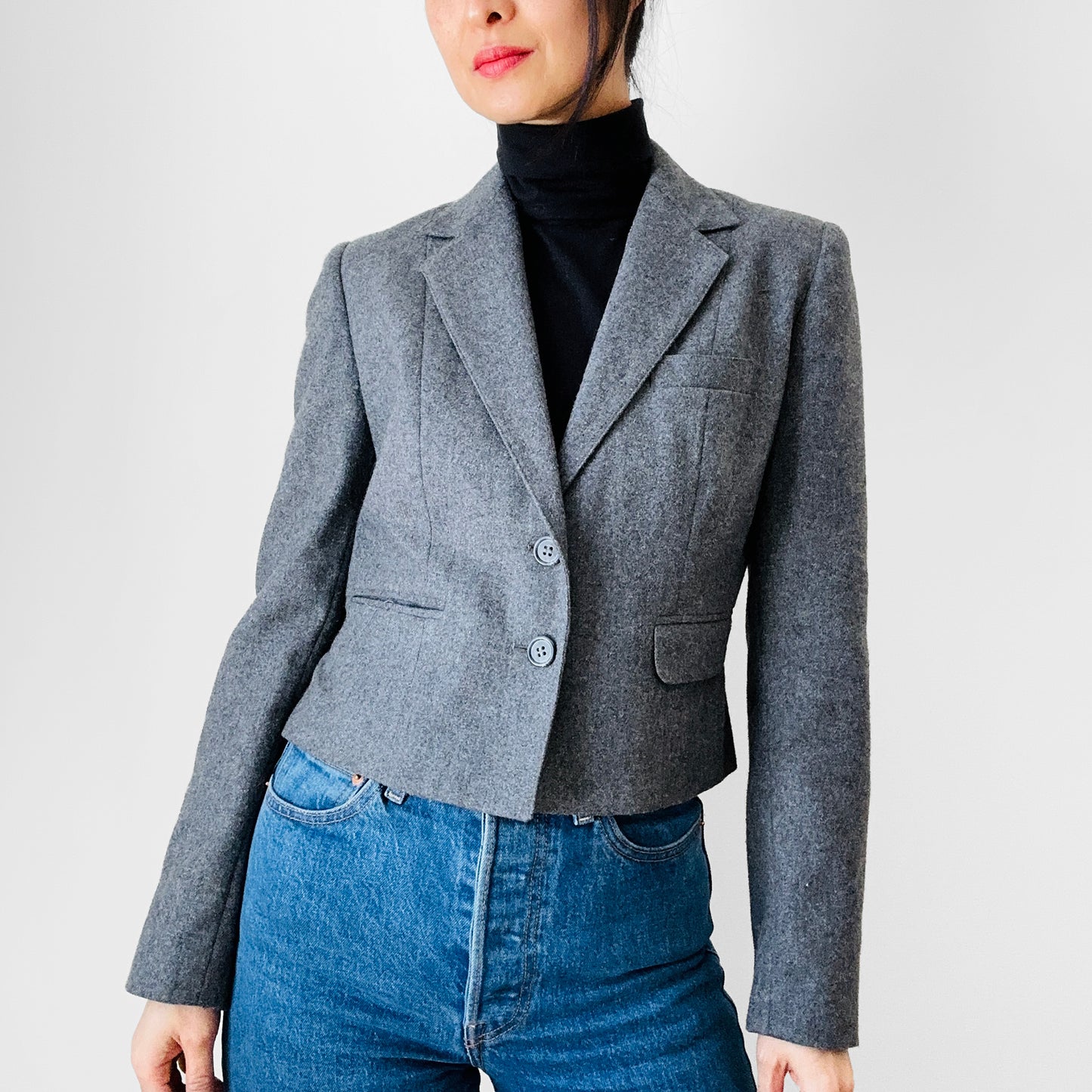 1970s Grey Wool Lined Crop Pleated Back Fitted Blazer Jacket - XXS / XS