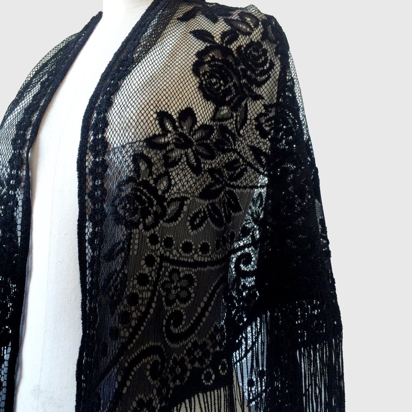 1970s Black Rose Fringe and Lace Gypsy Shawl