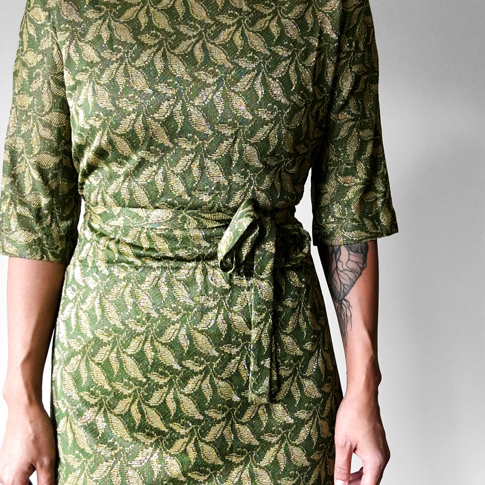 1960s Green and Gold Shimmering Leaf Patterned Midi-Length Belted Dress