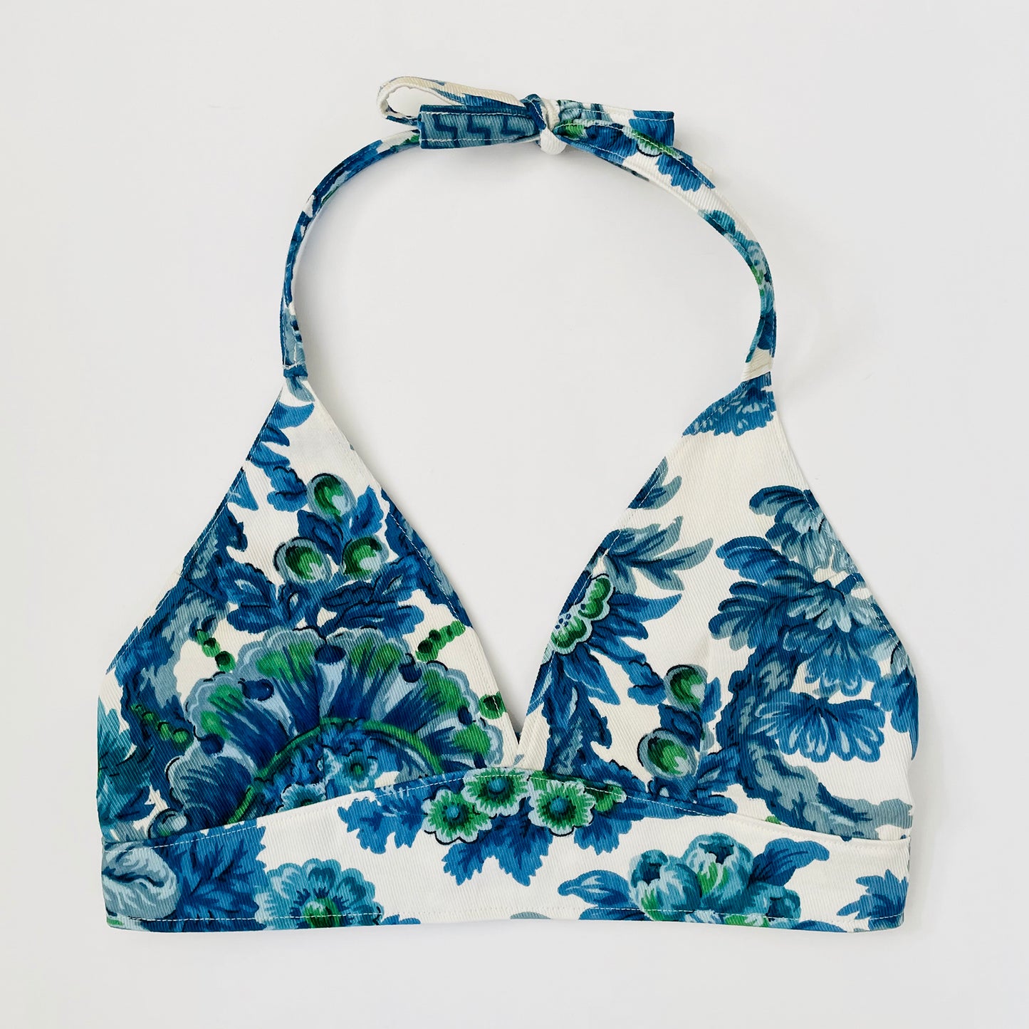 Upcycled Made-By-Me Vintage Handmade Blue and White Floral Chinoiserie Button-Back Bralette TopTop