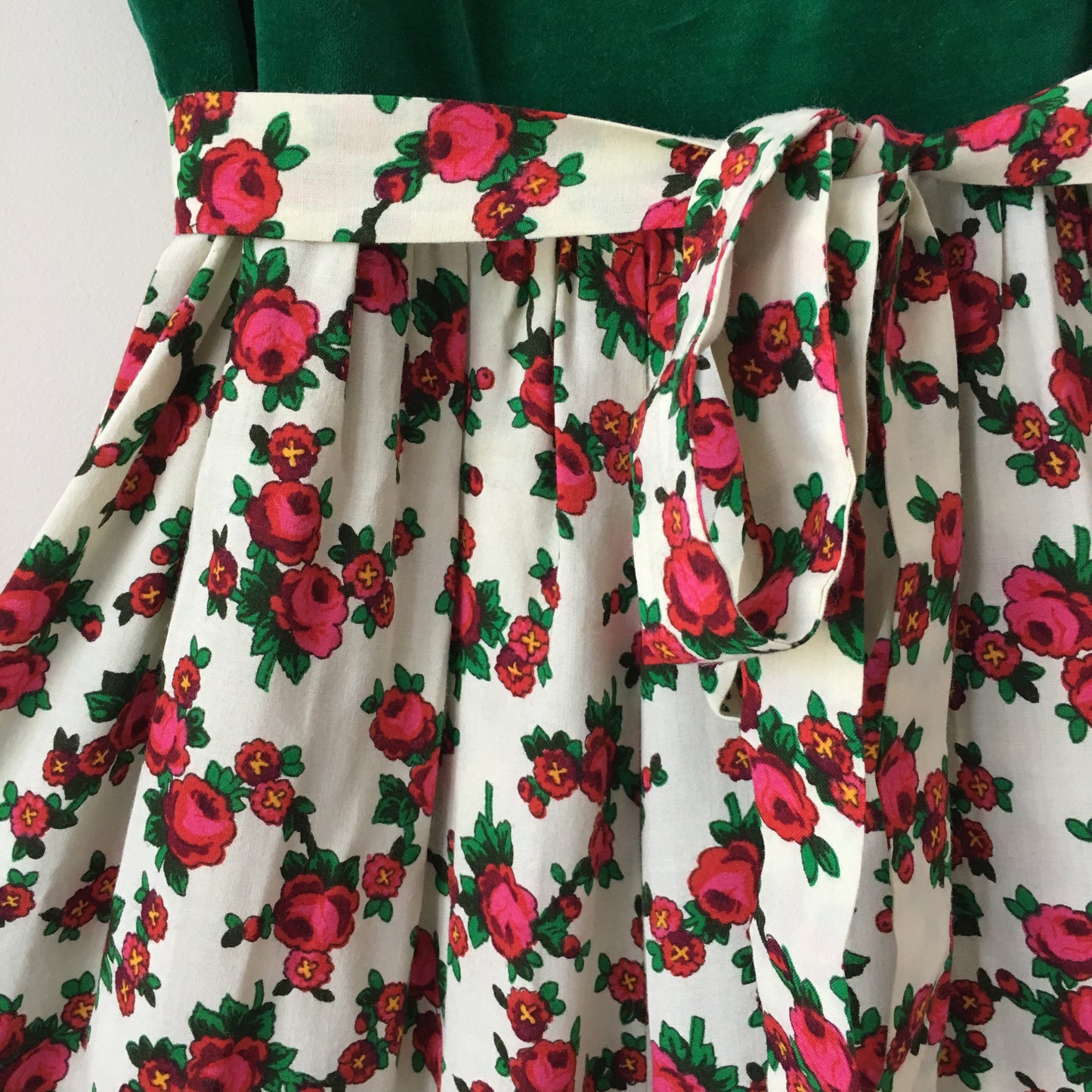 1960s - 1970s Green Velvet and Red Blossom Print Floor Length Belted Dress