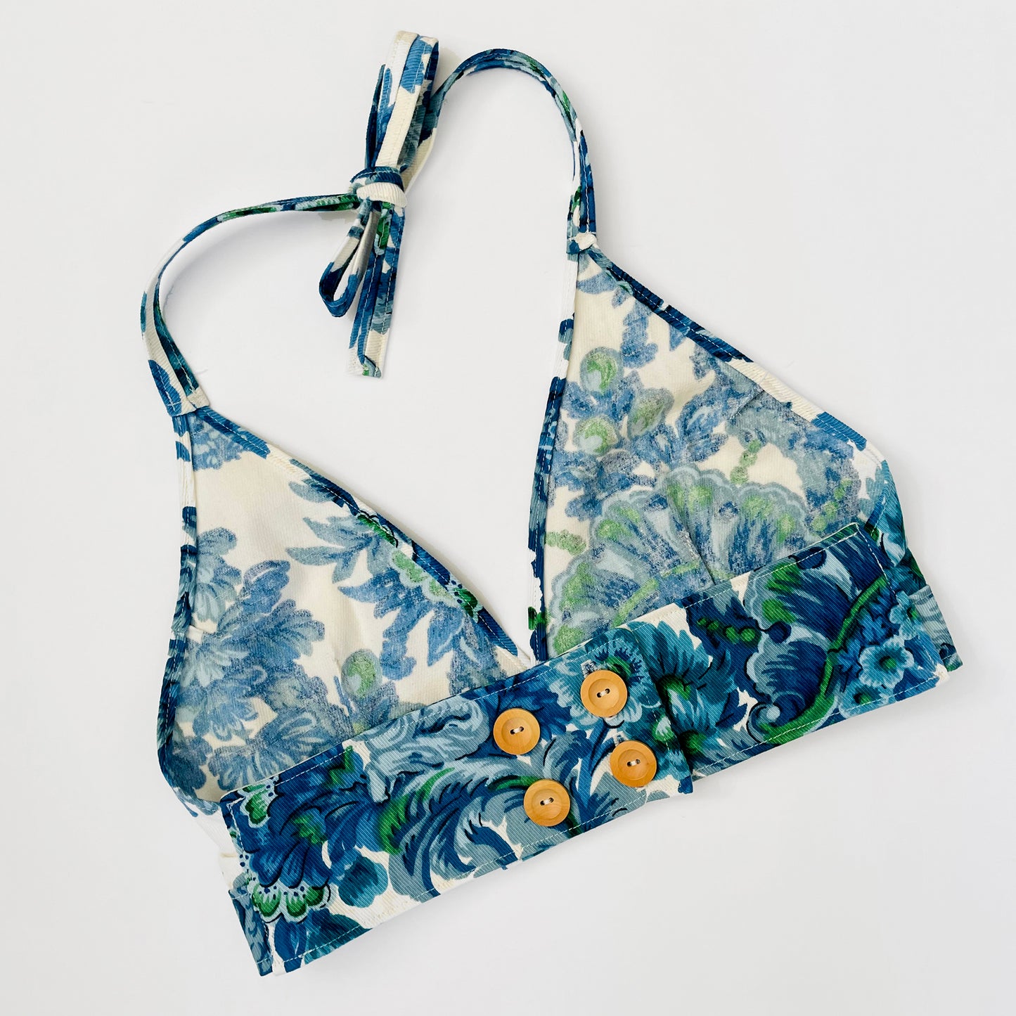 Upcycled Made-By-Me Vintage Handmade Blue and White Floral Chinoiserie Button-Back Bralette TopTop