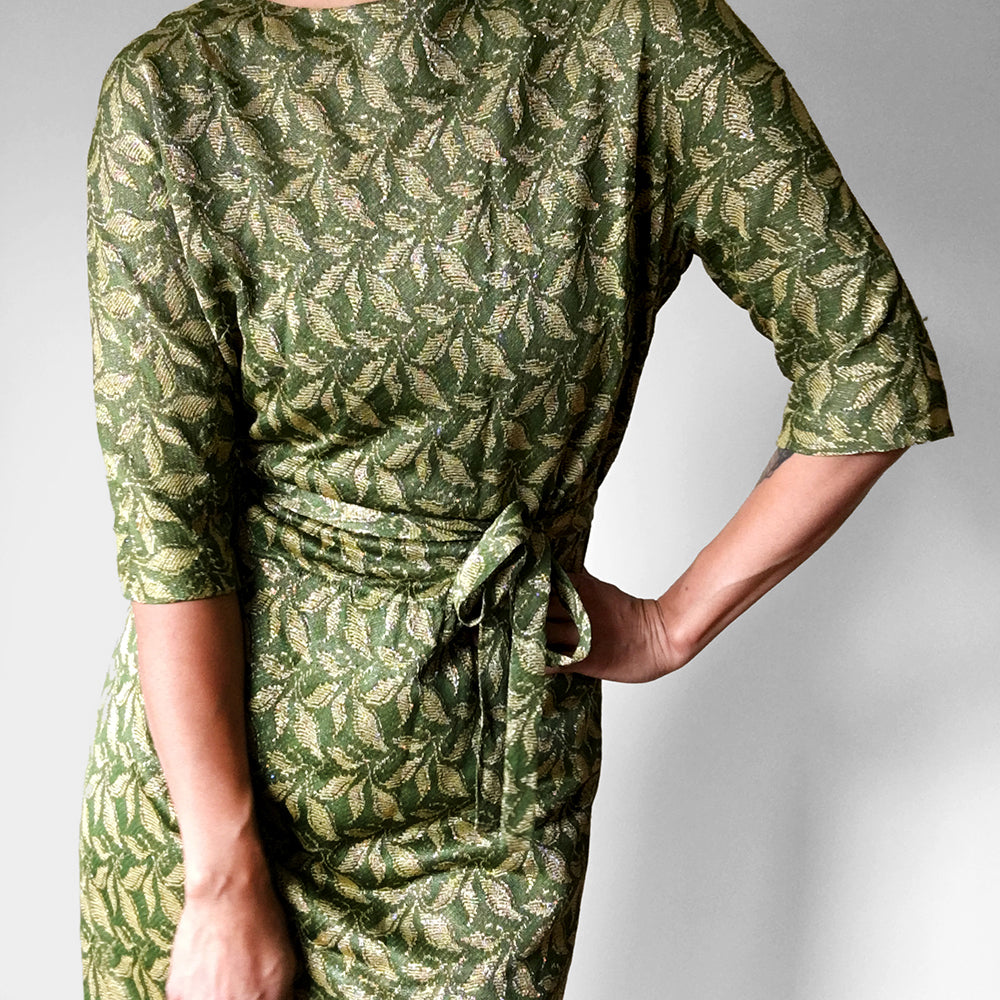 1960s Green and Gold Shimmering Leaf Patterned Midi-Length Belted Dress