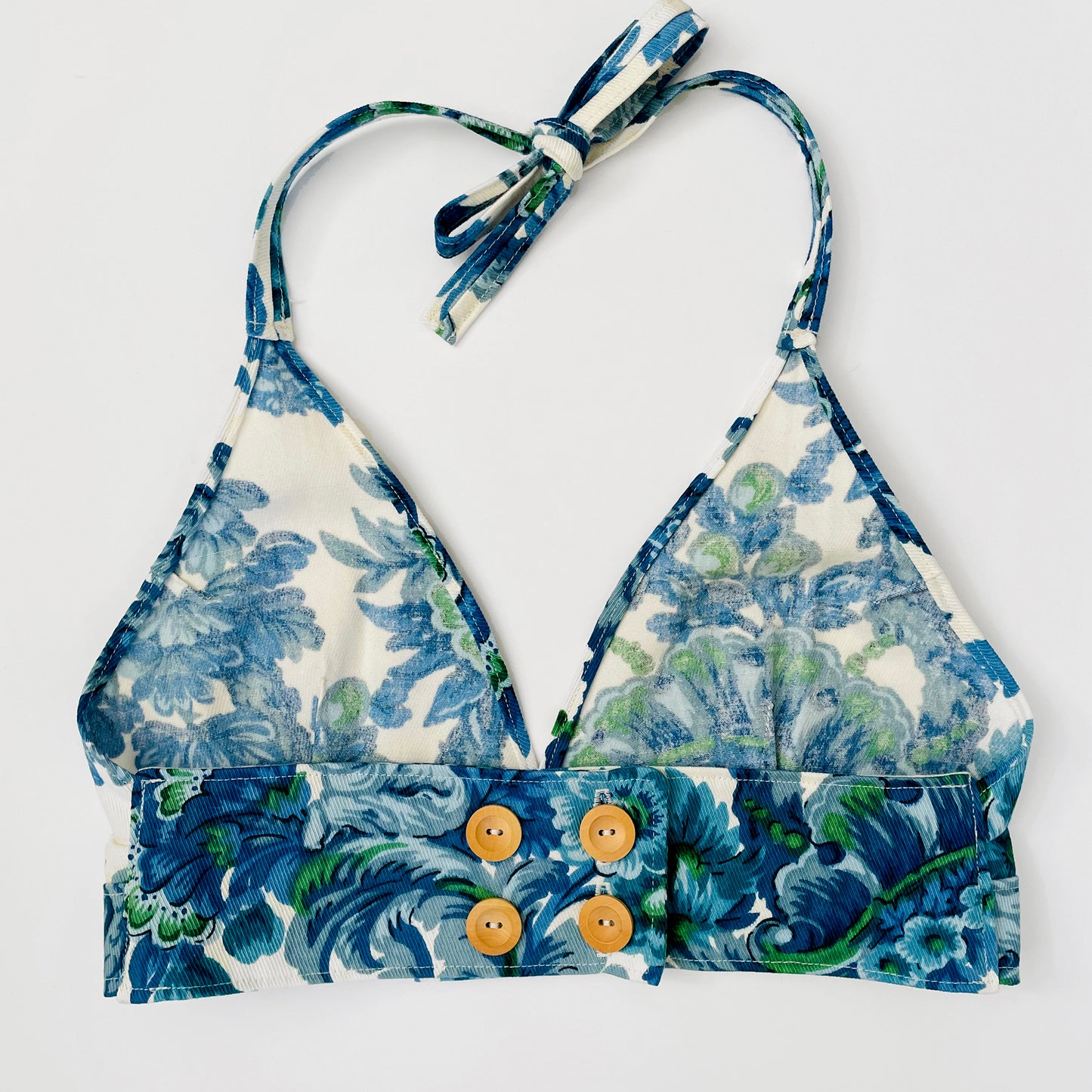 Upcycled Made-By-Me Vintage Handmade Blue and White Floral Chinoiserie Button-Back Bralette TopTop