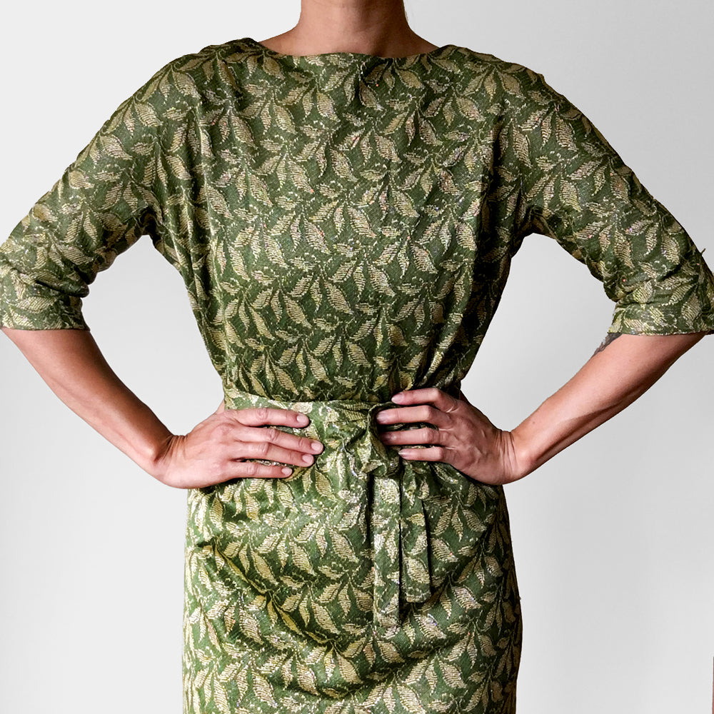 1960s Green and Gold Shimmering Leaf Patterned Midi-Length Belted Dress