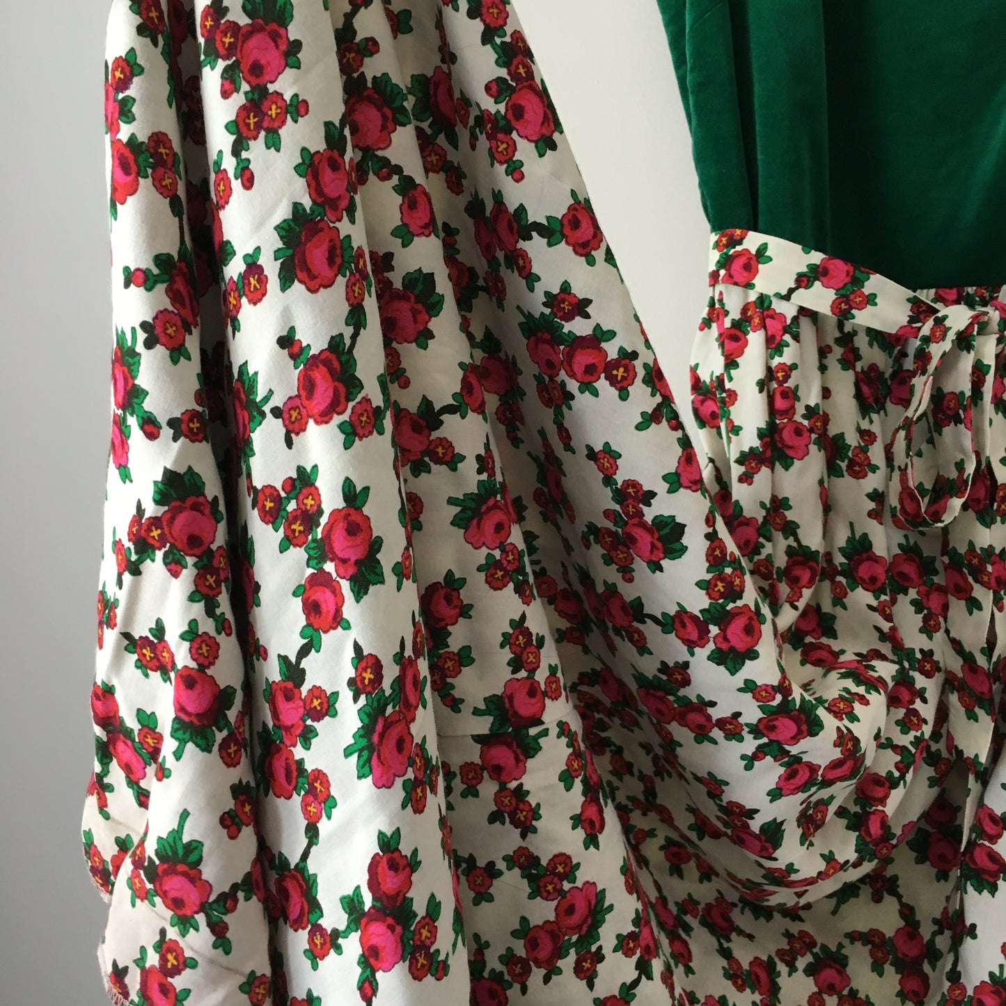 1960s - 1970s Green Velvet and Red Blossom Print Floor Length Belted Dress