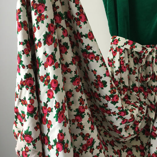 1960s - 1970s Green Velvet and Red Blossom Print Floor Length Belted Dress