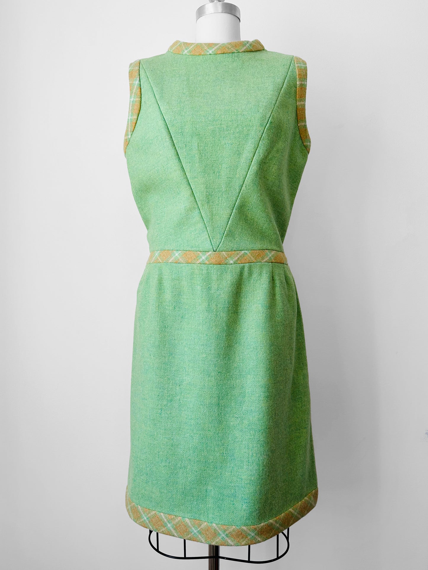 1960s Apple Green and Plaid Trimmed Wool Lined Sleeveless Drop Waist Shift Dress - Sz. S