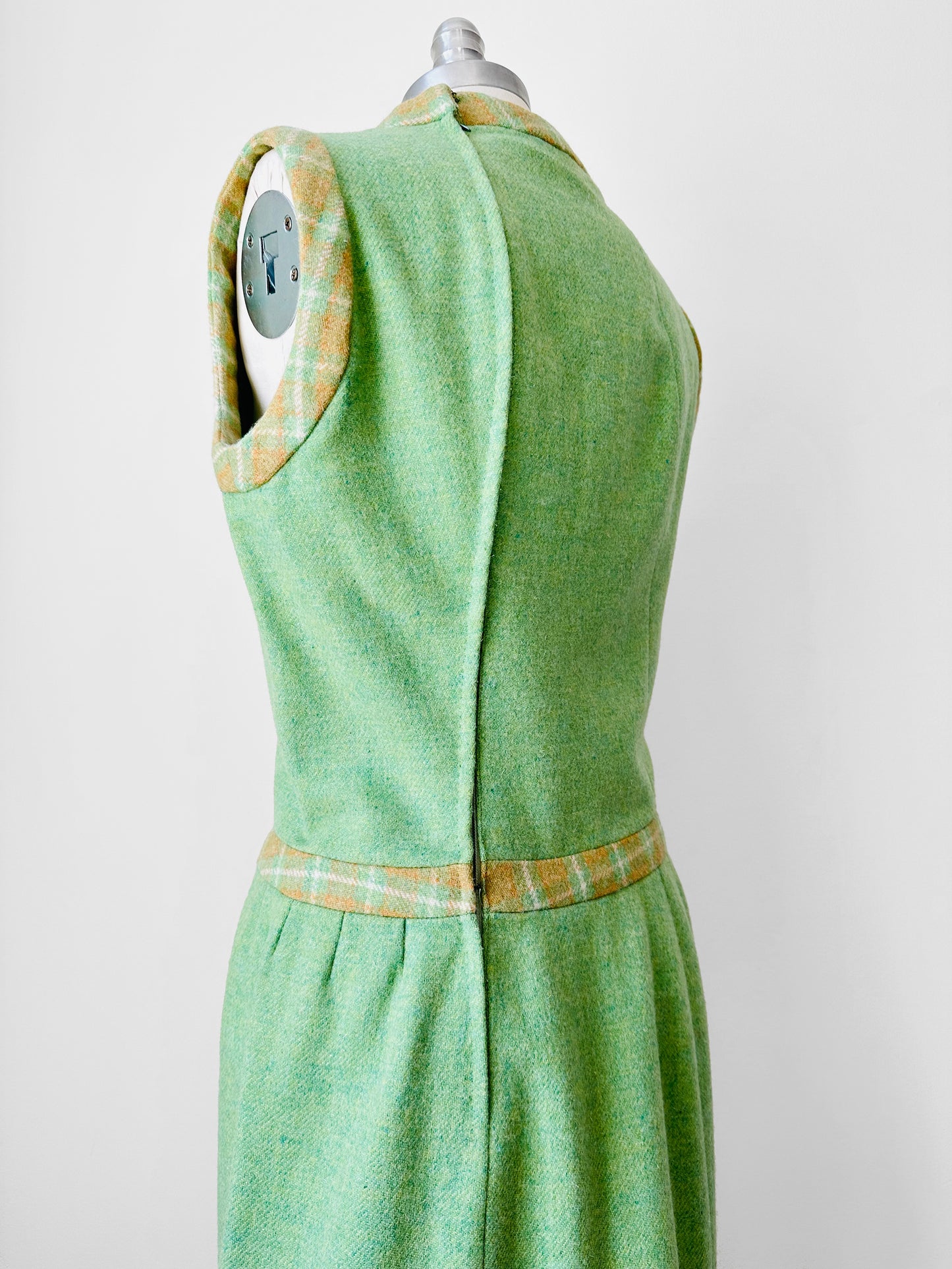 1960s Apple Green and Plaid Trimmed Wool Lined Sleeveless Drop Waist Shift Dress - Sz. S