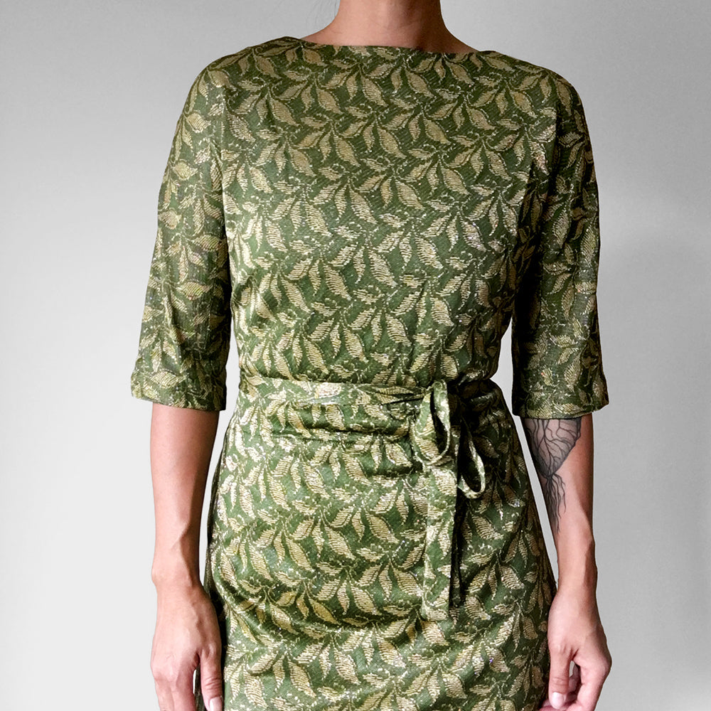 1960s Green and Gold Shimmering Leaf Patterned Midi-Length Belted Dress