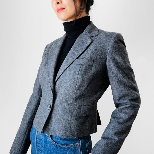 1970s Grey Wool Lined Crop Pleated Back Fitted Blazer Jacket - XXS / XS