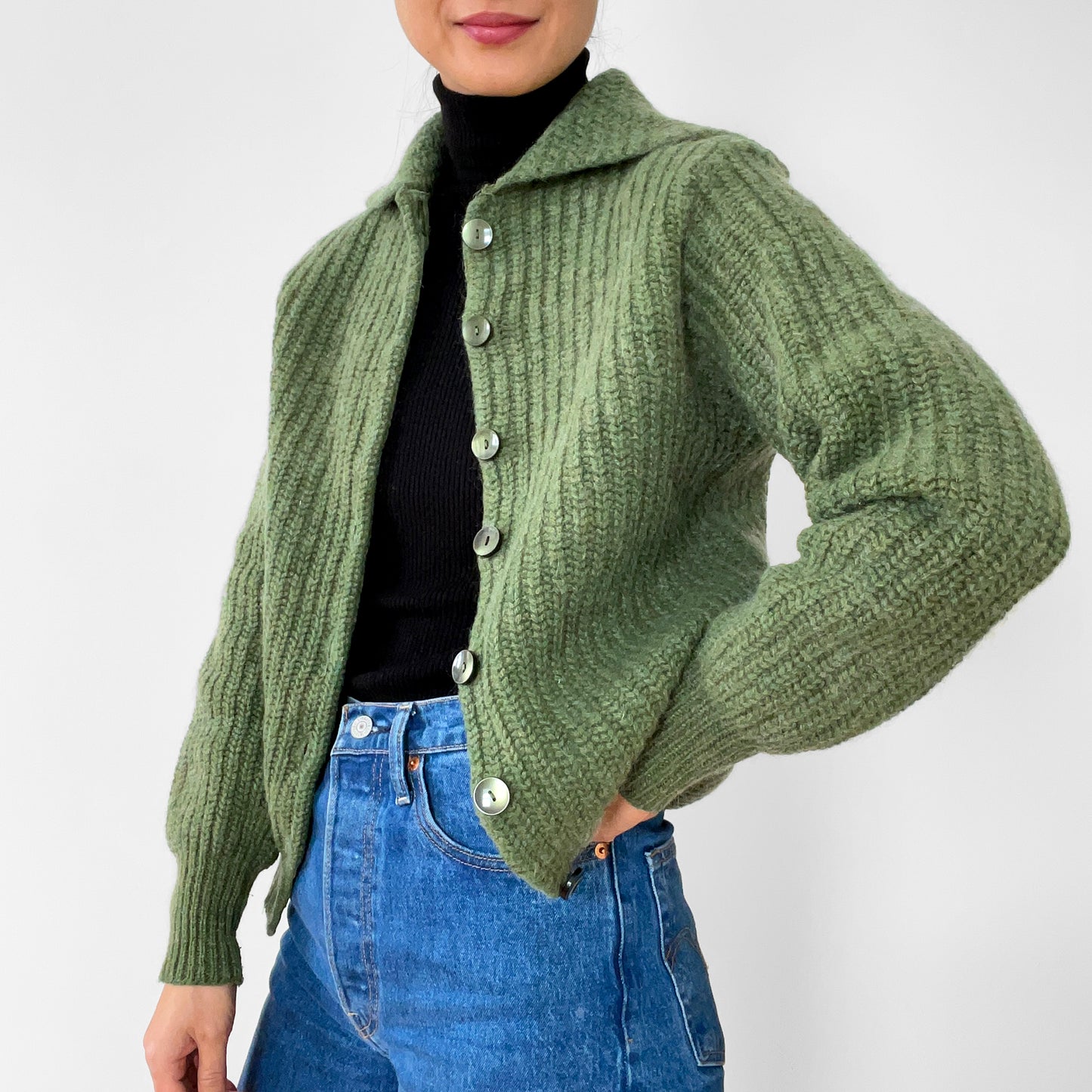 1960s Apple-Green Wool Cardigan Sweater