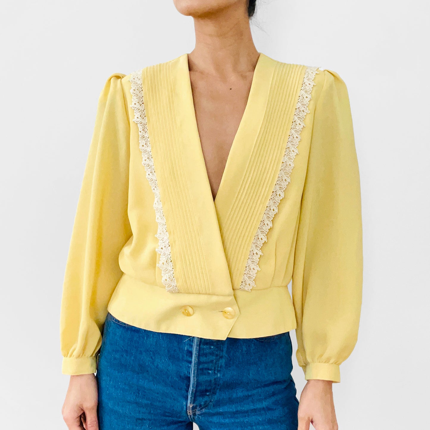 1980s Yellow and White Lace Trimmed Double-Breasted Blousy Peplum Top