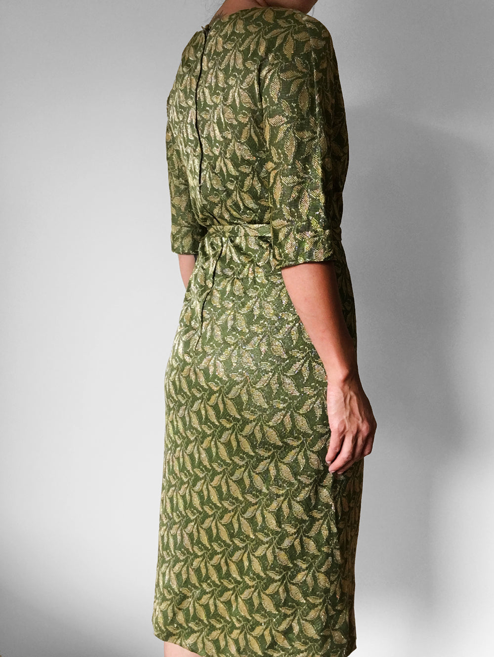 1960s Green and Gold Shimmering Leaf Patterned Midi-Length Belted Dress