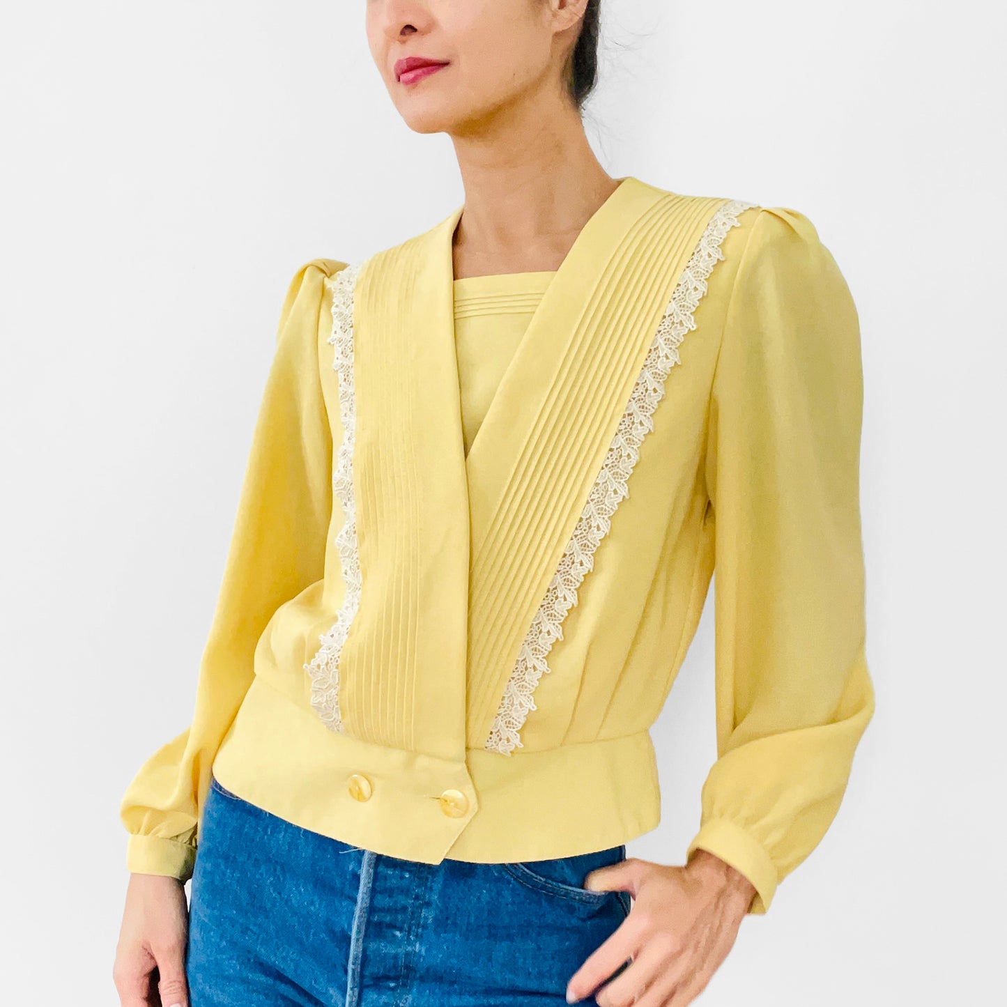 1980s Yellow and White Lace Trimmed Double-Breasted Blousy Peplum Top