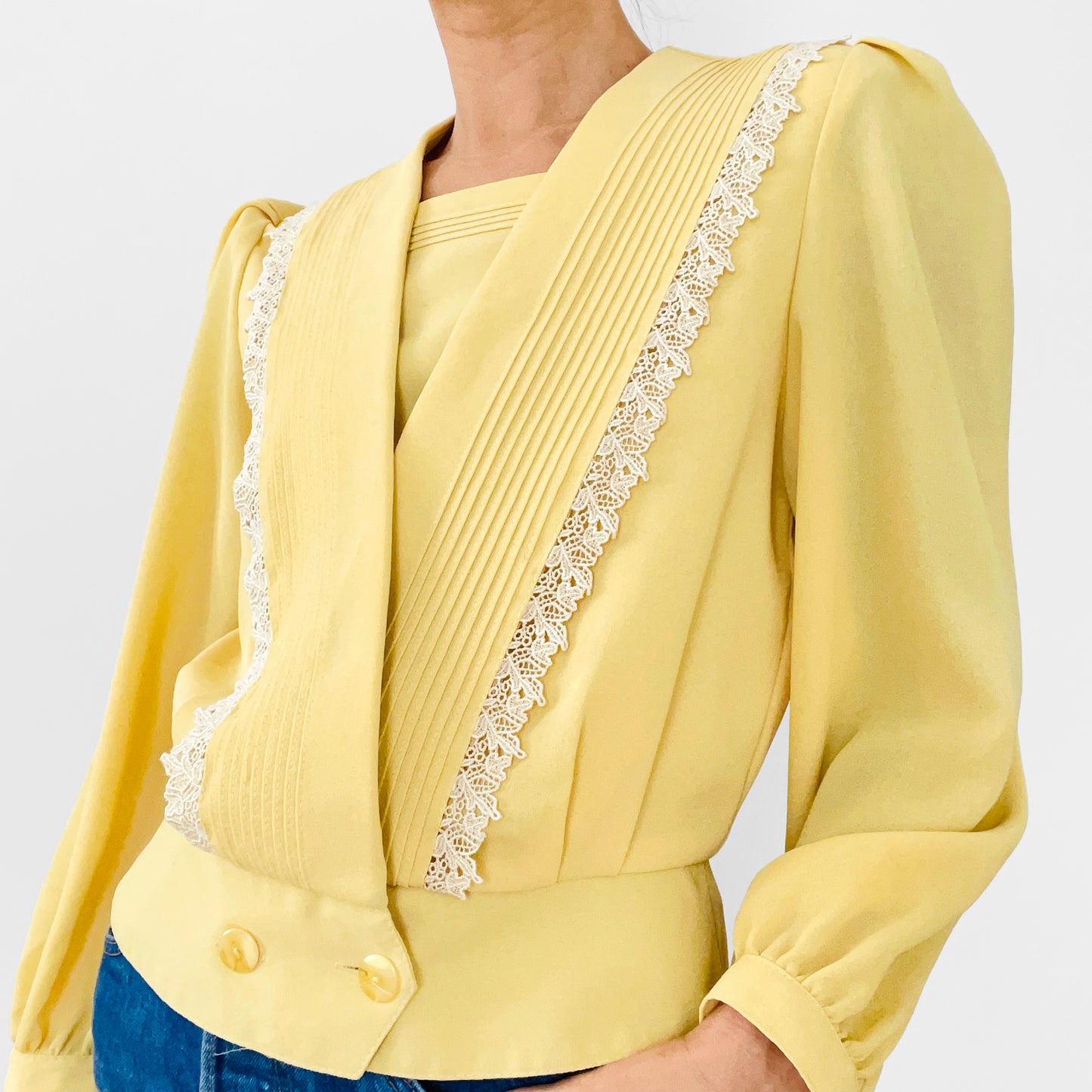 1980s Yellow and White Lace Trimmed Double-Breasted Blousy Peplum Top