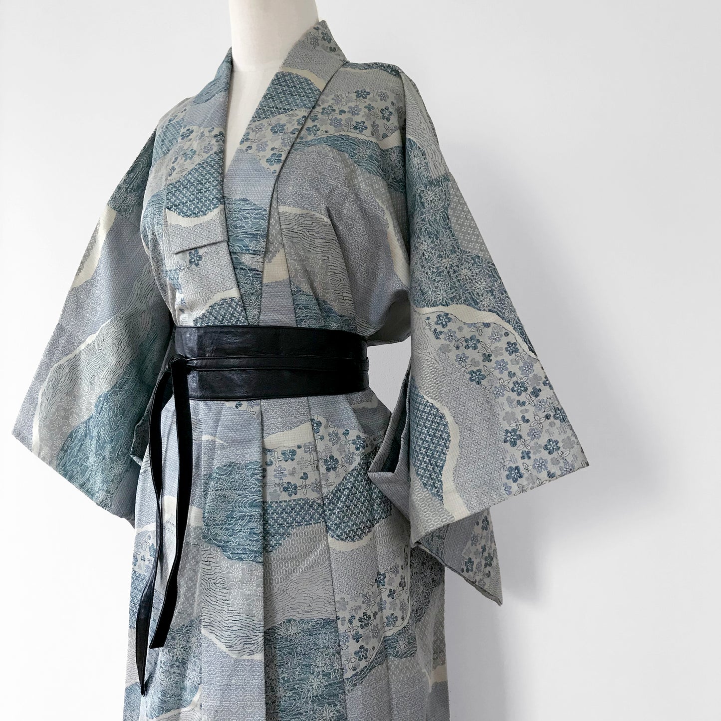 Wool and Silk Blended Japanese Flower Patchwork Kimono Duster Robe