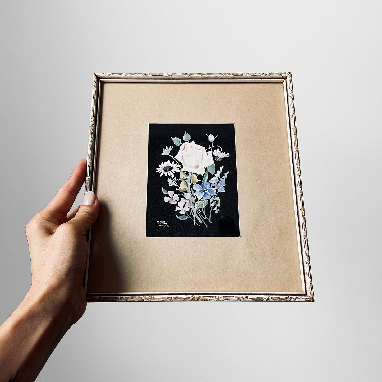 Carved-Wood Framed Matted Floral Art Print Wall-Hanging