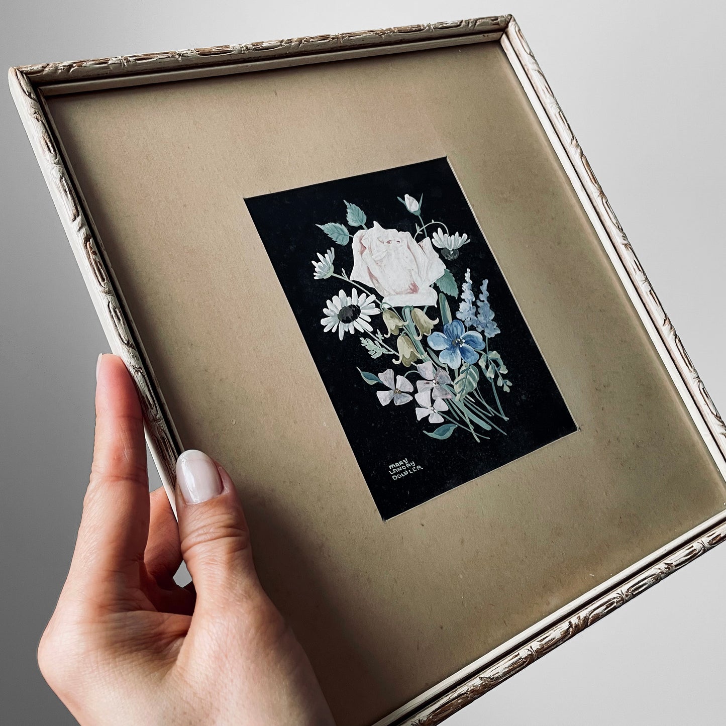 Carved-Wood Framed Matted Floral Art Print Wall-Hanging