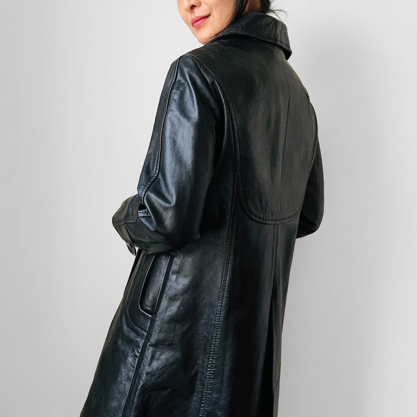 Black Leather Italian Made Double-Breasted A-Line Jacket - XS/S