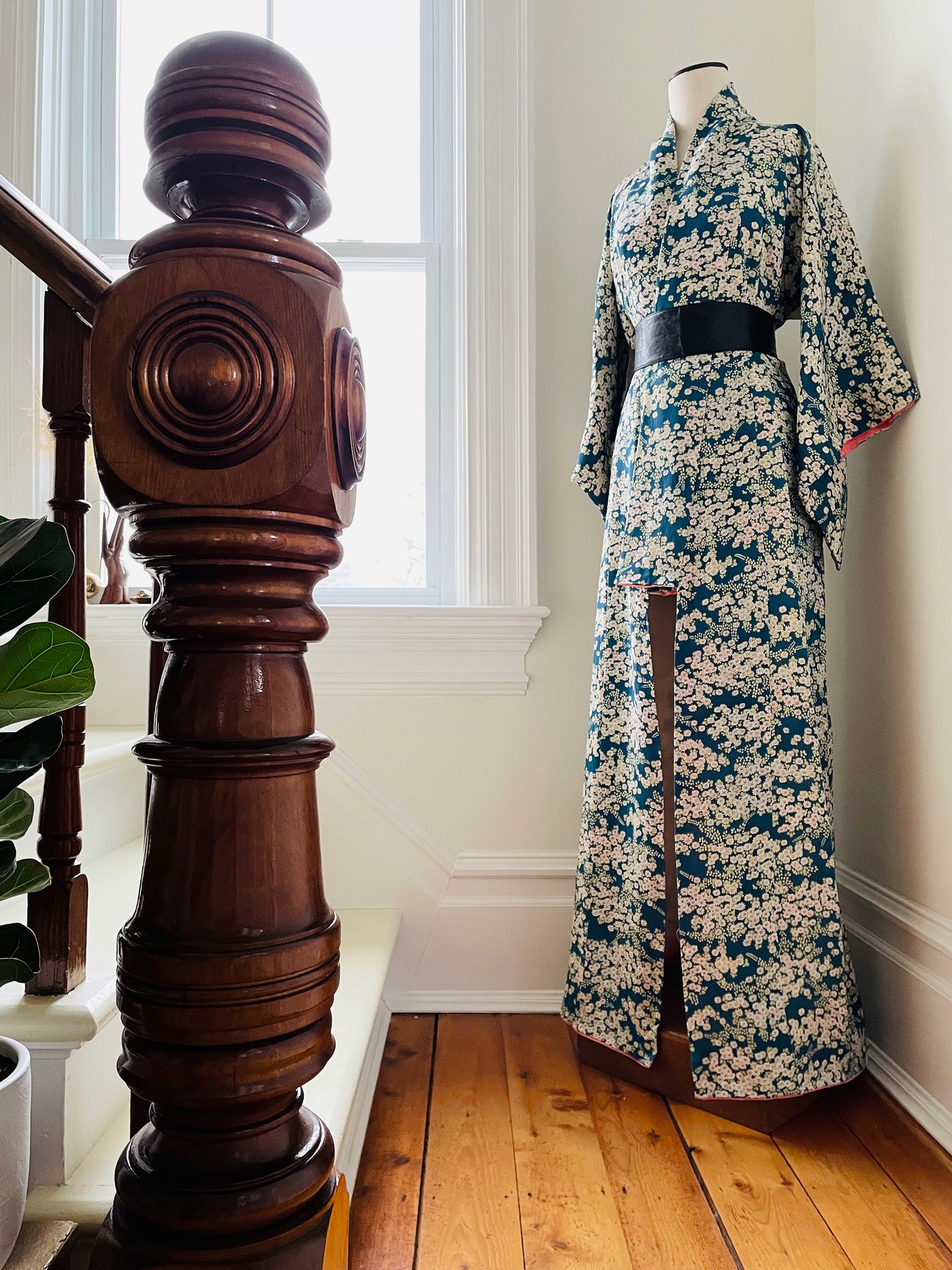 Turquoise Pink Floral Japanese Kimono