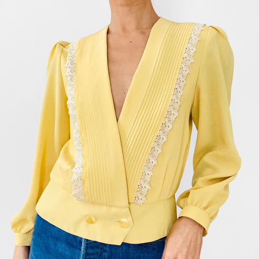 1980s Yellow and White Lace Trimmed Double-Breasted Blousy Peplum Top