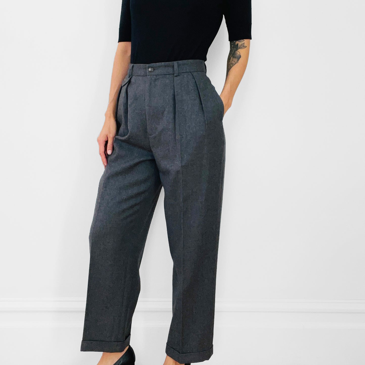 1980s Ralph Lauren High-Waisted Grey Wool Pleated Pants