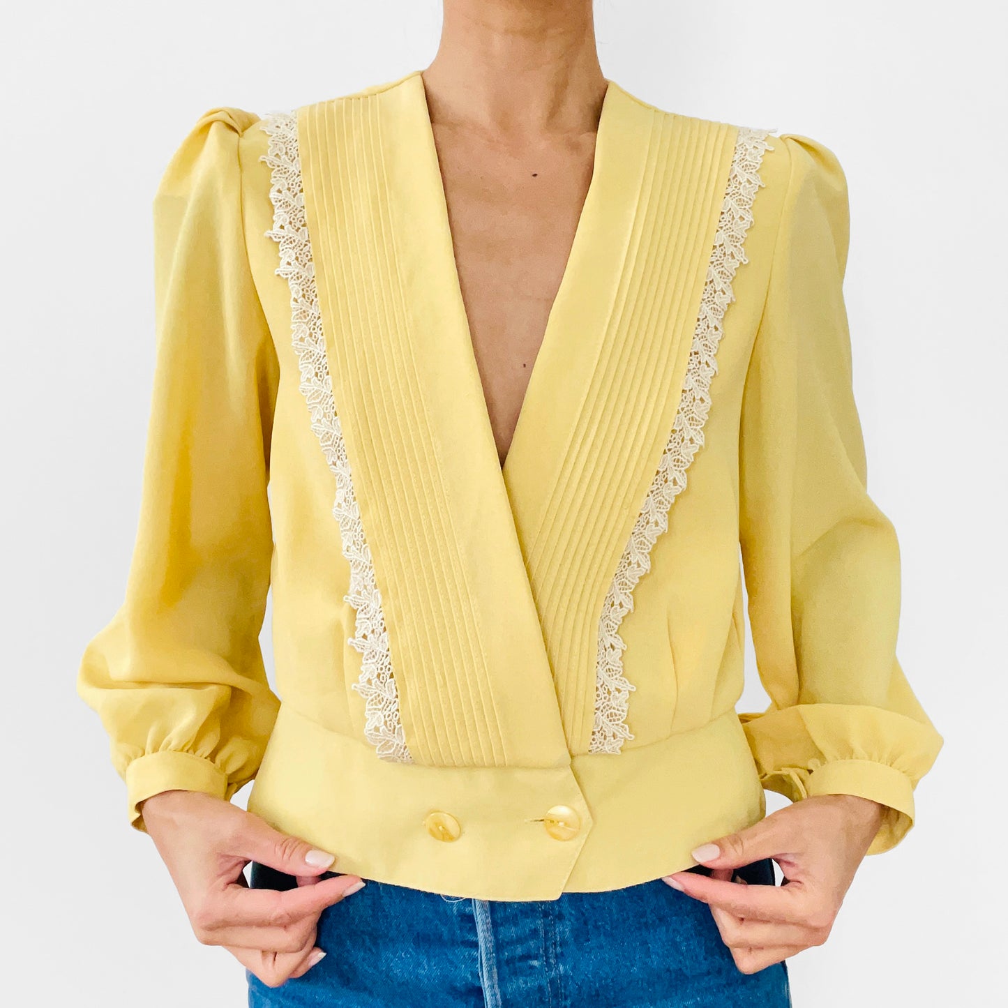 1980s Yellow and White Lace Trimmed Double-Breasted Blousy Peplum Top