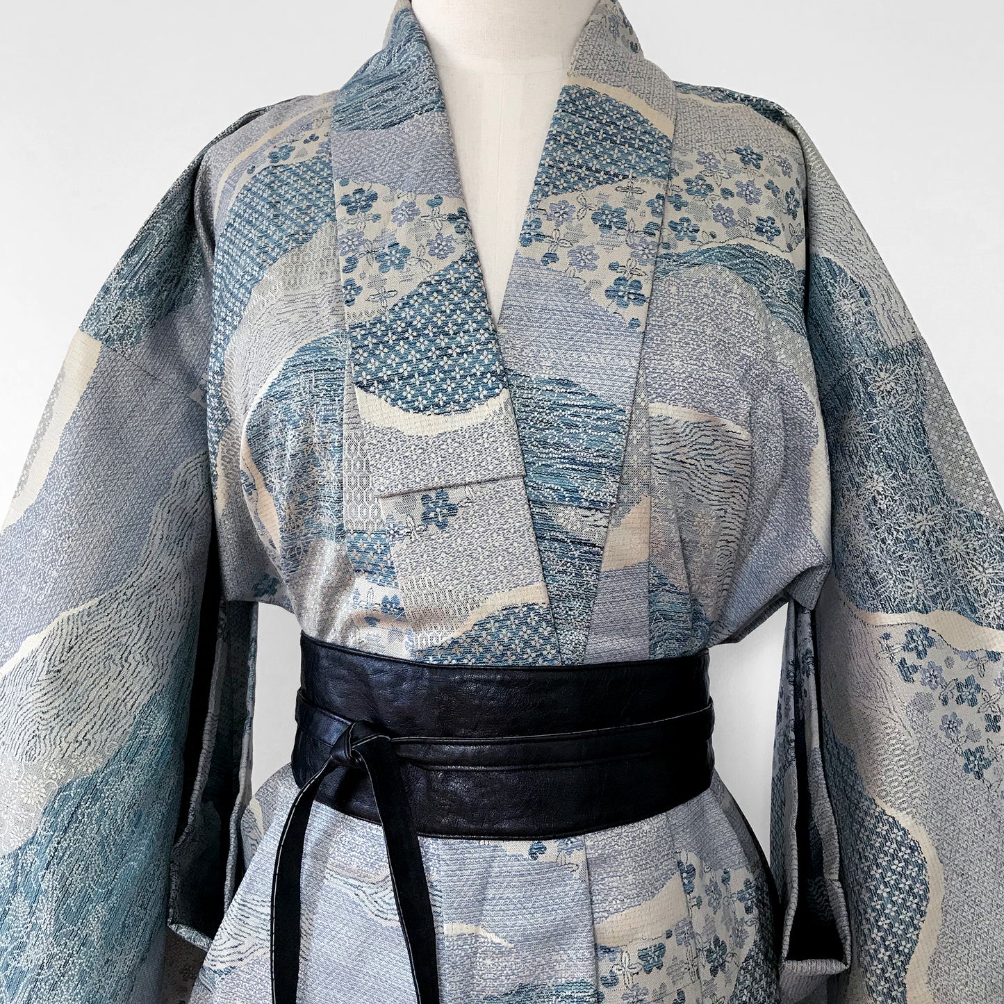 Wool and Silk Blended Japanese Flower Patchwork Kimono Duster Robe