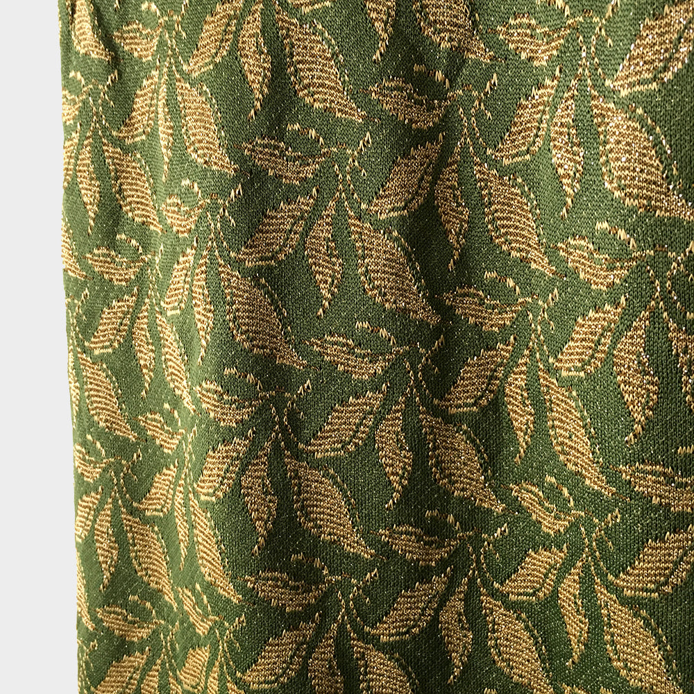 1960s Green and Gold Shimmering Leaf Patterned Midi-Length Belted Dress