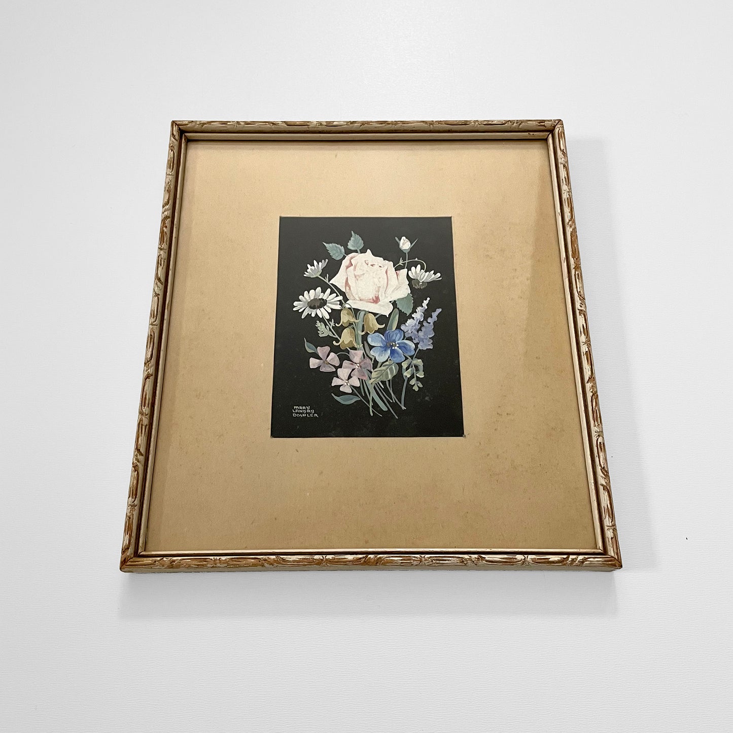 Carved-Wood Framed Matted Floral Art Print Wall-Hanging