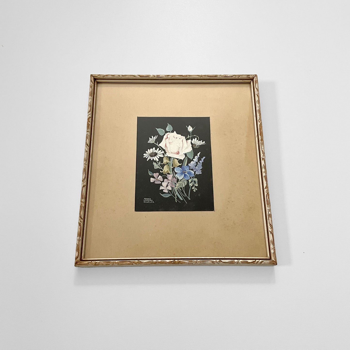 Carved-Wood Framed Matted Floral Art Print Wall-Hanging