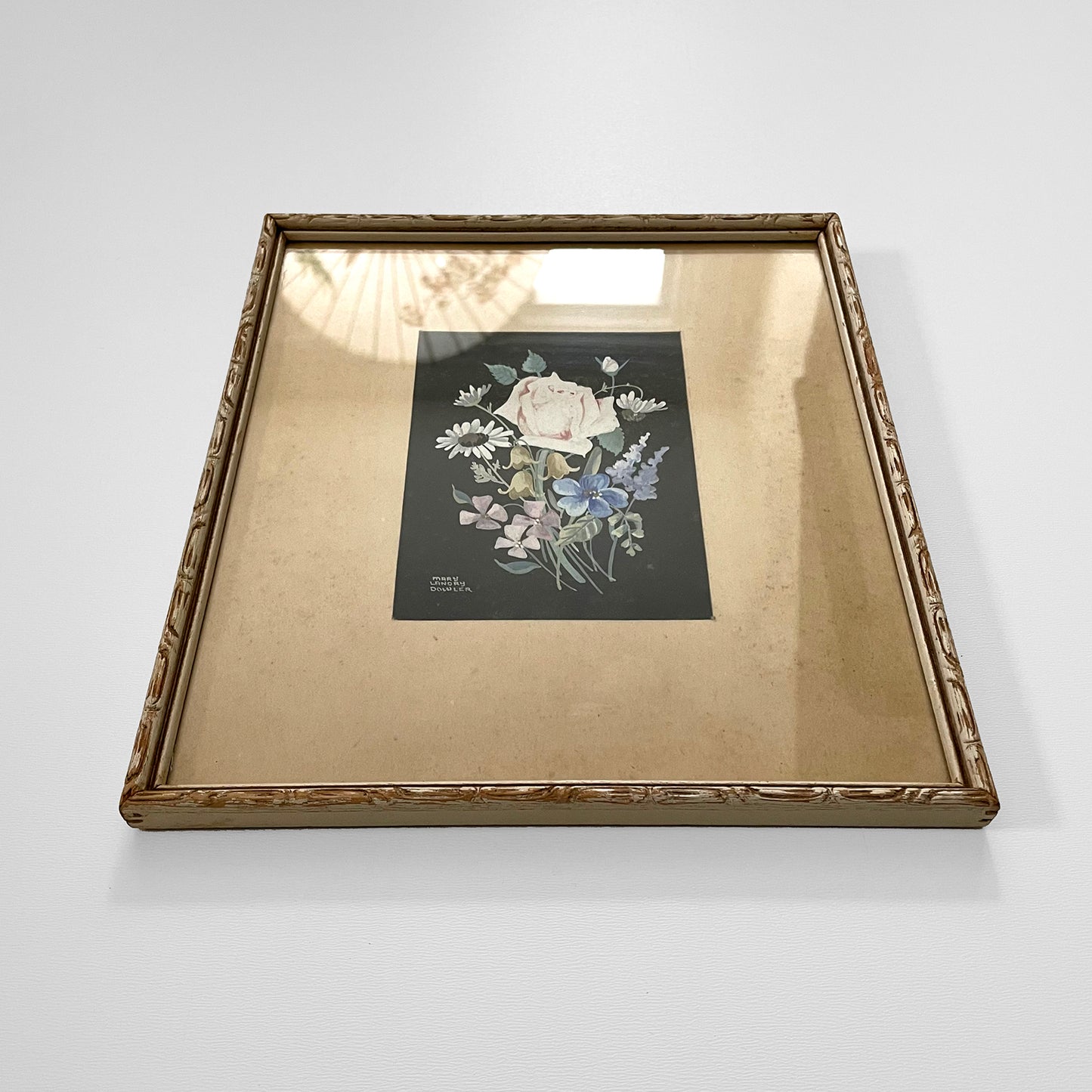 Carved-Wood Framed Matted Floral Art Print Wall-Hanging