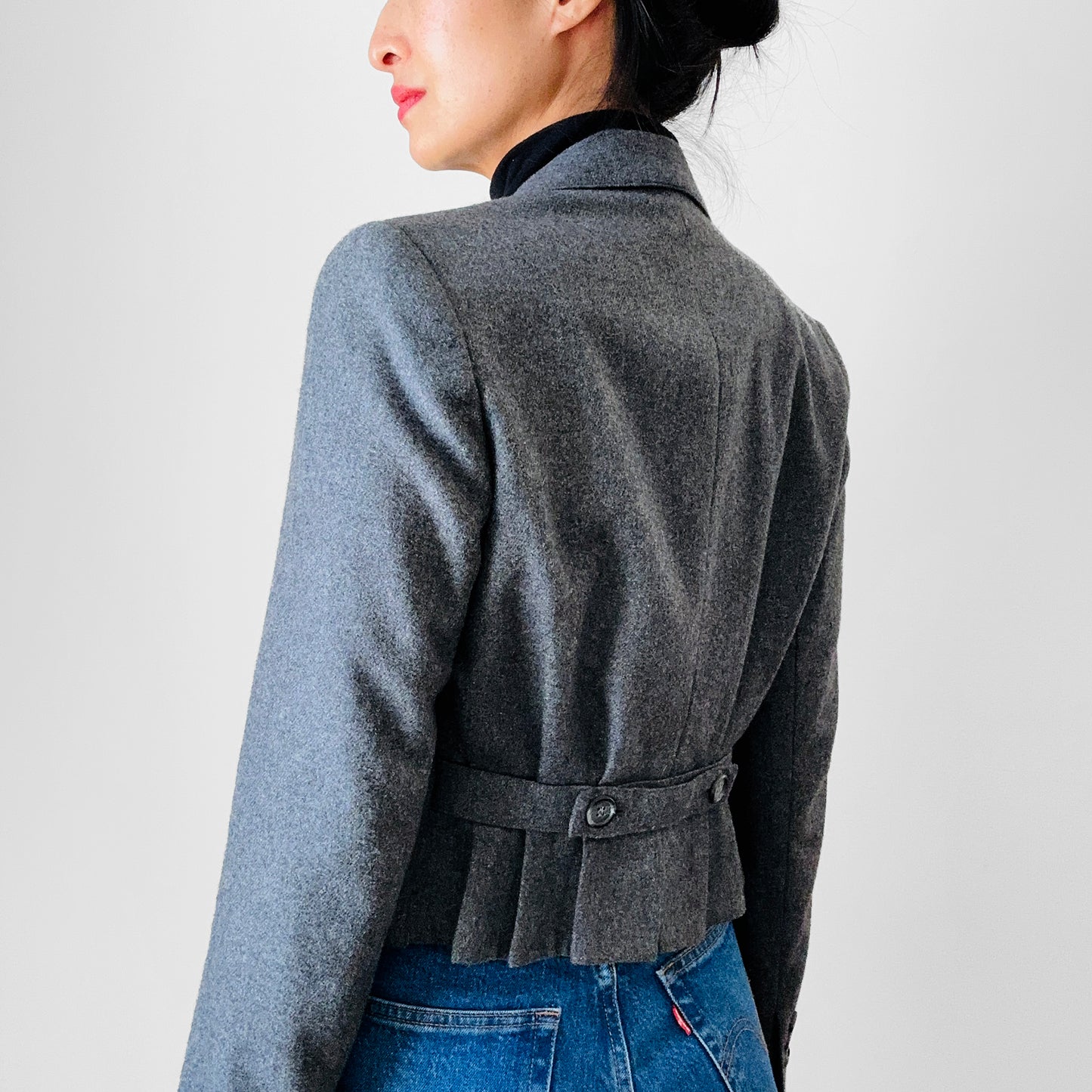 1970s Grey Wool Lined Crop Pleated Back Fitted Blazer Jacket - XXS / XS