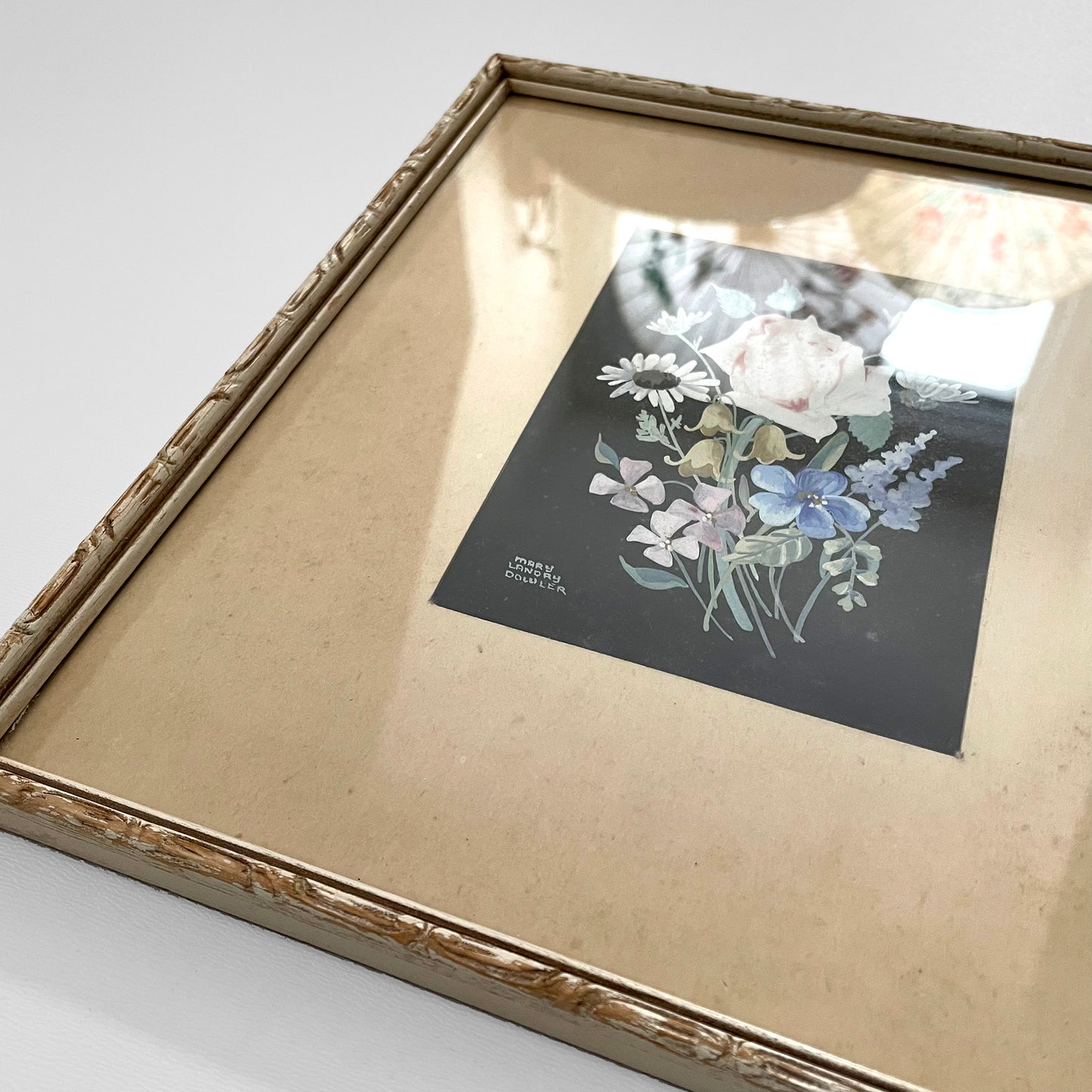 Carved-Wood Framed Matted Floral Art Print Wall-Hanging