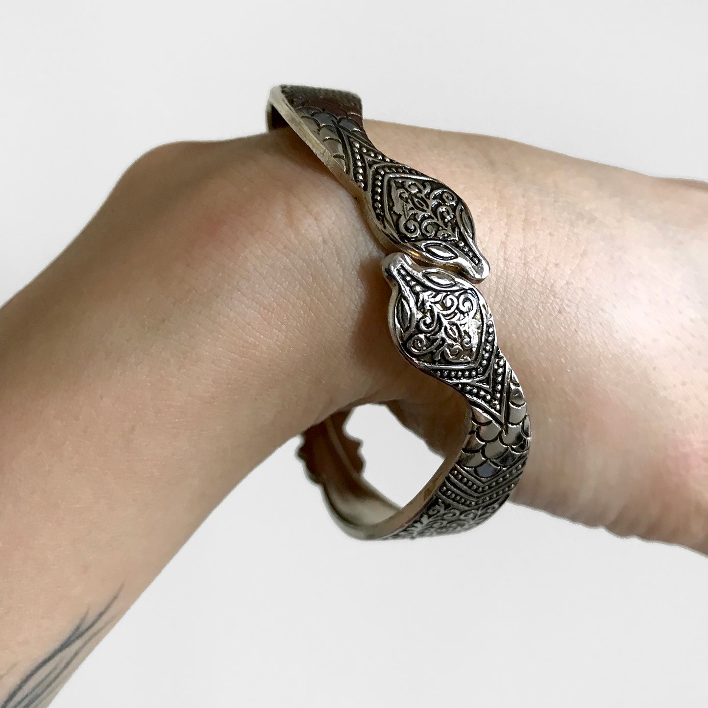 1940s-1950s Silver Artist-Signed Stieff Double-Headed Snake Hinged Cuff Bracelet