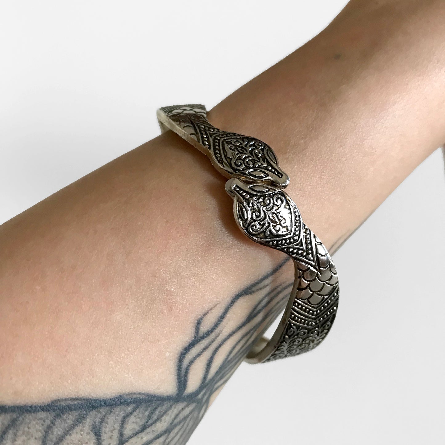 1940s-1950s Silver Artist-Signed Stieff Double-Headed Snake Hinged Cuff Bracelet