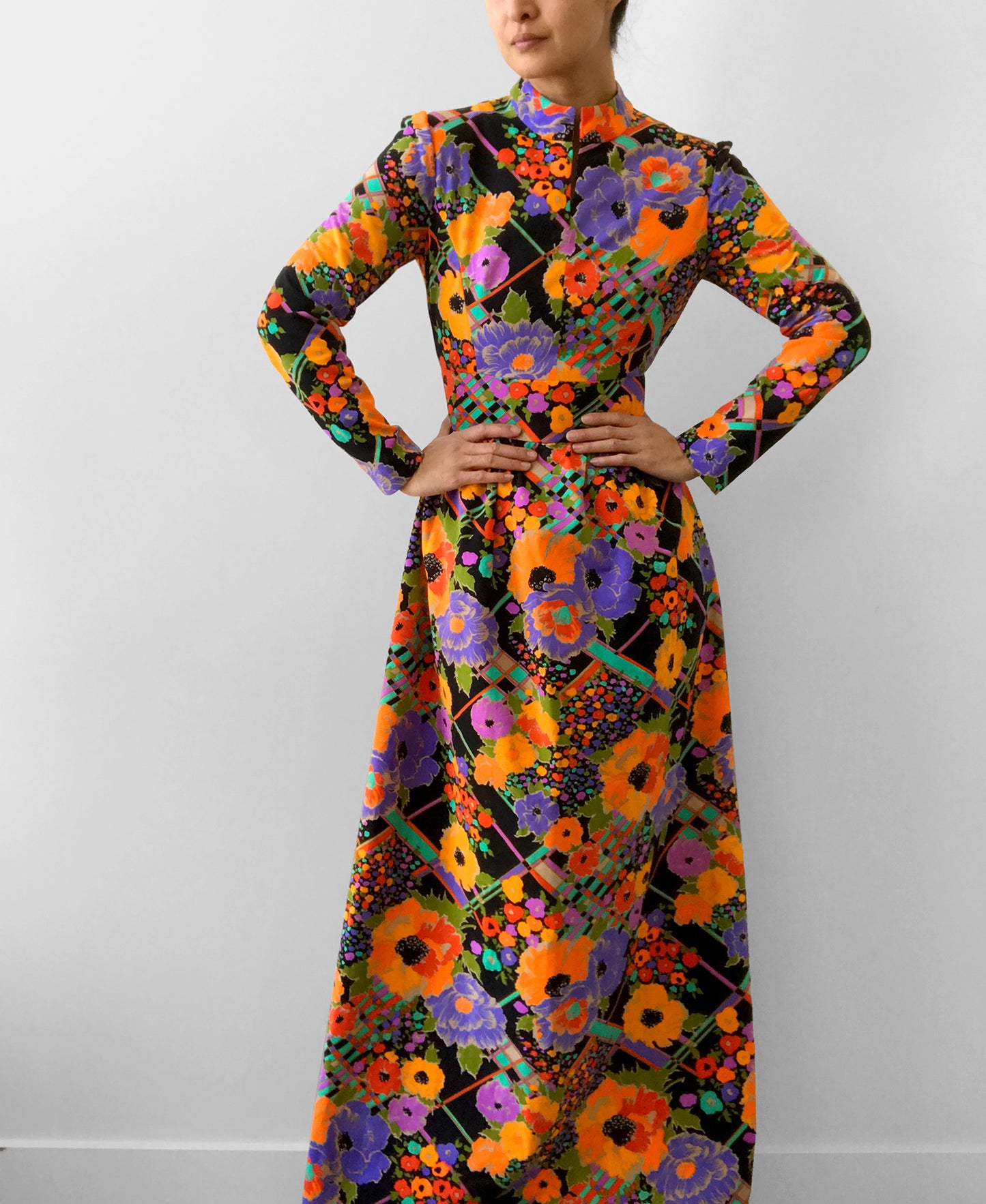 1960s - 1970s Floral Patterned Bohemian Floor-Length Long-Sleeve High-Collar Neck