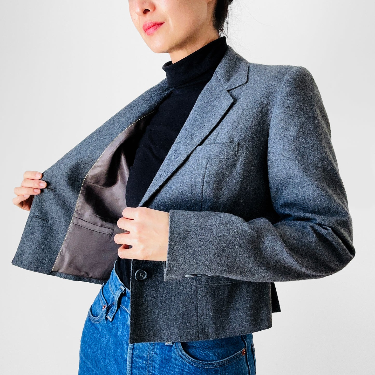 1970s Grey Wool Lined Crop Pleated Back Fitted Blazer Jacket - XXS / XS